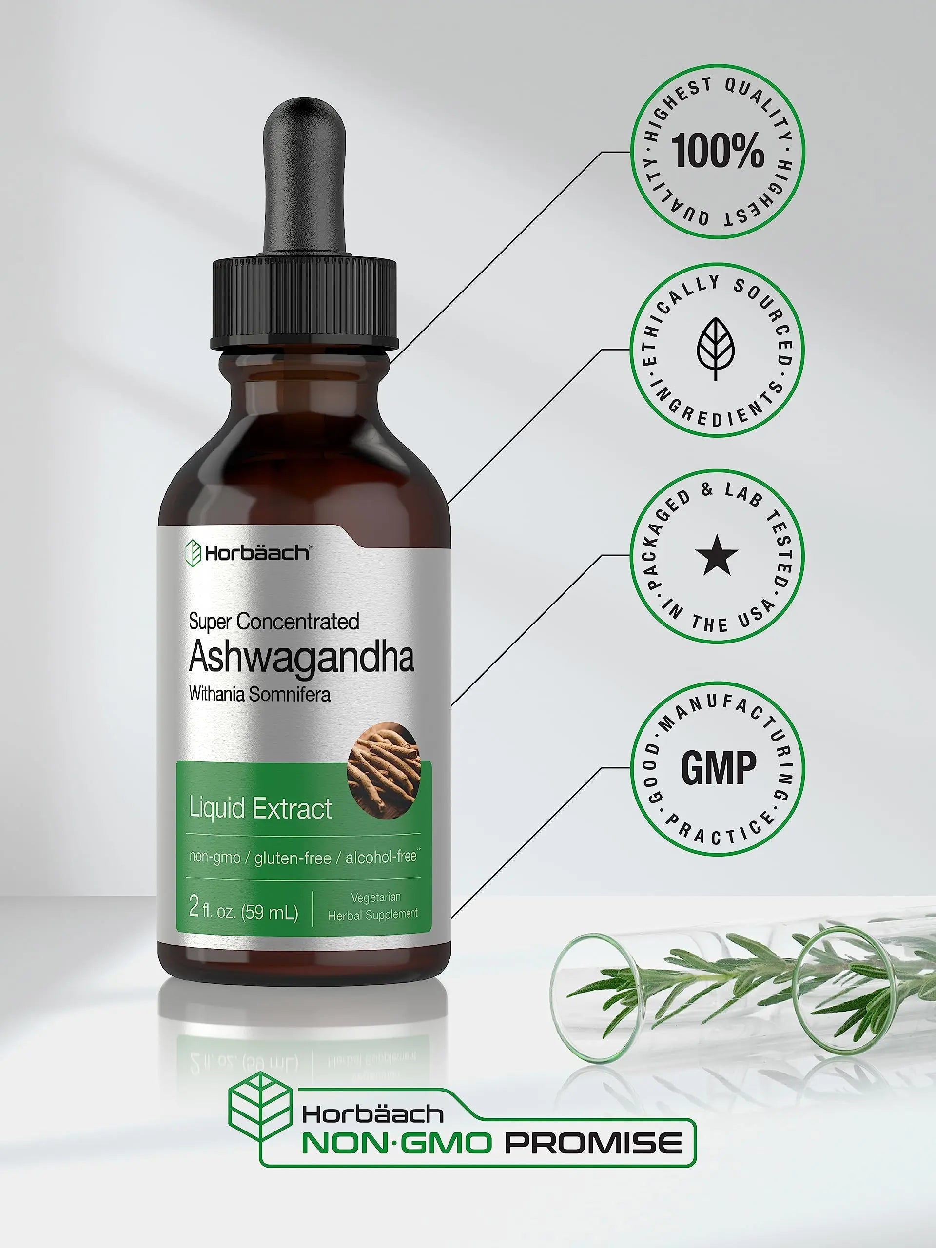 Ashwagandha Root Liquid Extract | 2 fl oz | Alcohol Free Tincture | Vegetarian, Non-GMO, Gluten Free Supplement | by Horbaach Horbäach Au supplements