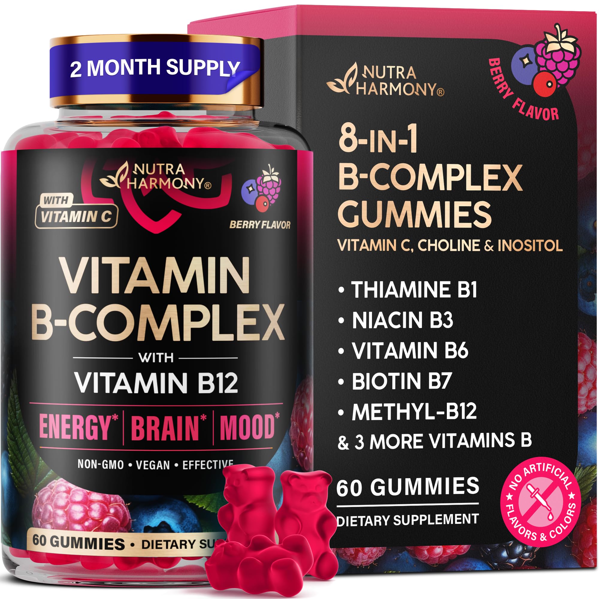 Vitamin B-Complex Gummies for Women & Men - Vitamin B12, B1, B2, B3, B5, B6, B7 & B9 - B Complex with Vitamin C & Choline - Energy, Brain & Mood