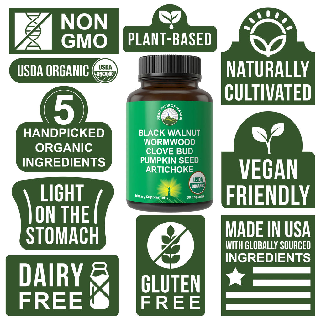 USDA Organic Wormwood Black Walnut Clove Cleanse for Humans. Elimination Detox + Intestinal Support Capsules Supplement for Adults and Kids. Pills with Artichoke and Pumpkin Seed for Added Benefits Peak Performance Au supplements