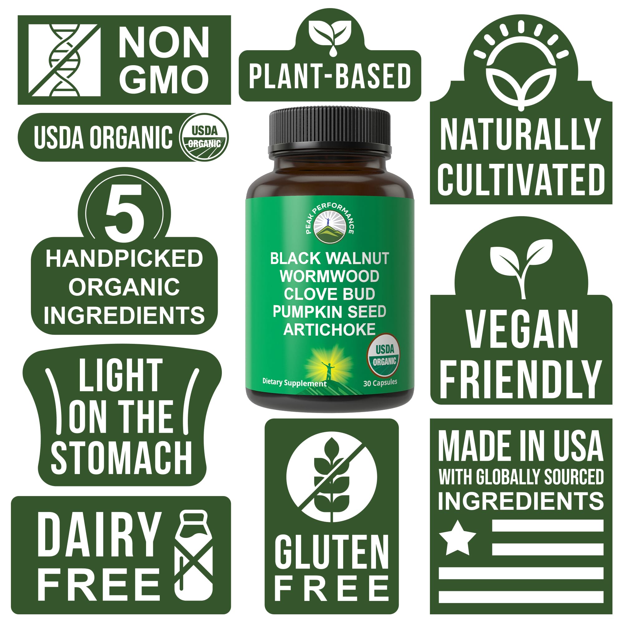 USDA Organic Wormwood Black Walnut Clove Cleanse for Humans. Elimination Detox + Intestinal Support Capsules Supplement for Adults and Kids. Pills with Artichoke and Pumpkin Seed for Added Benefits Peak Performance Au supplements