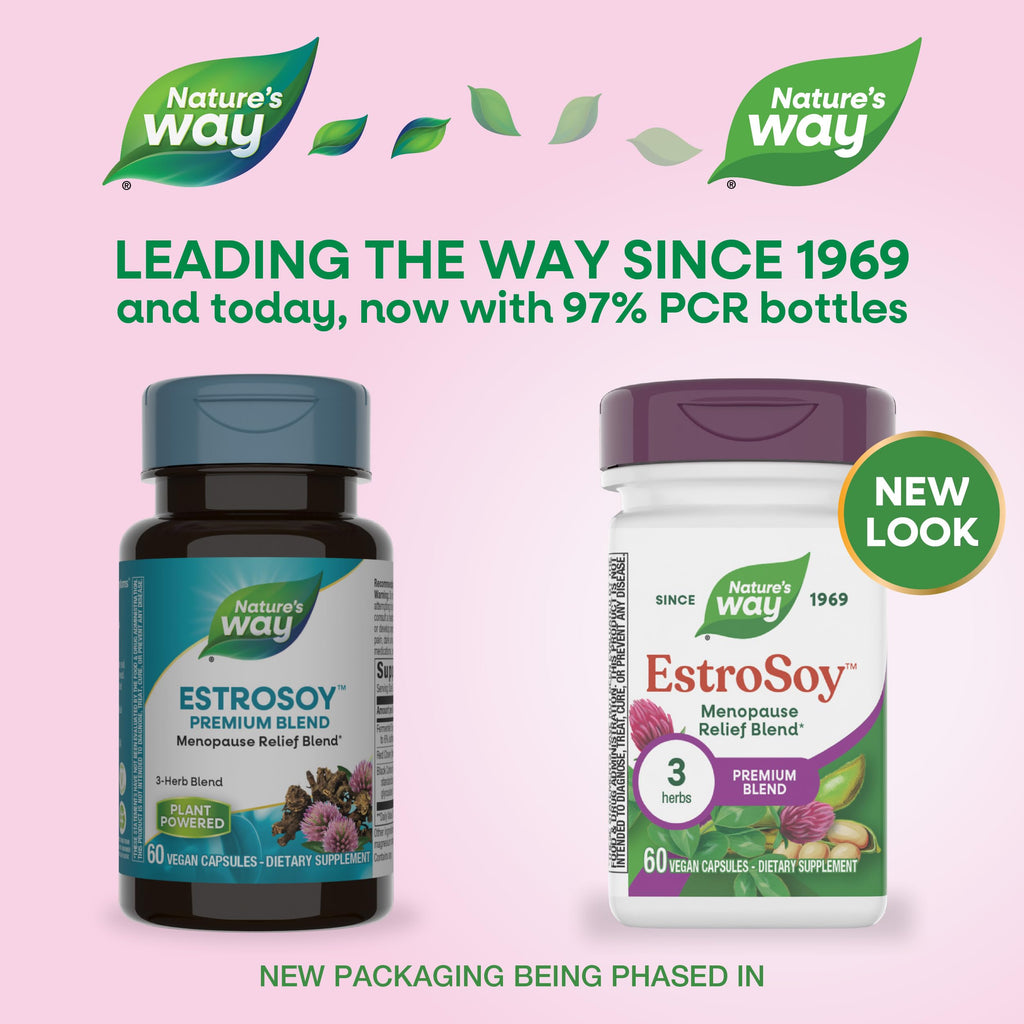 Nature's Way EstroSoy, Menopause Relief Blend*, Helps Relieve Menopausal Symptoms*, Black Cohosh, Fermented Soy Extracts, Red Clover, 60 Vegan Capsules (Packaging May Vary) Nature's Way Au supplements