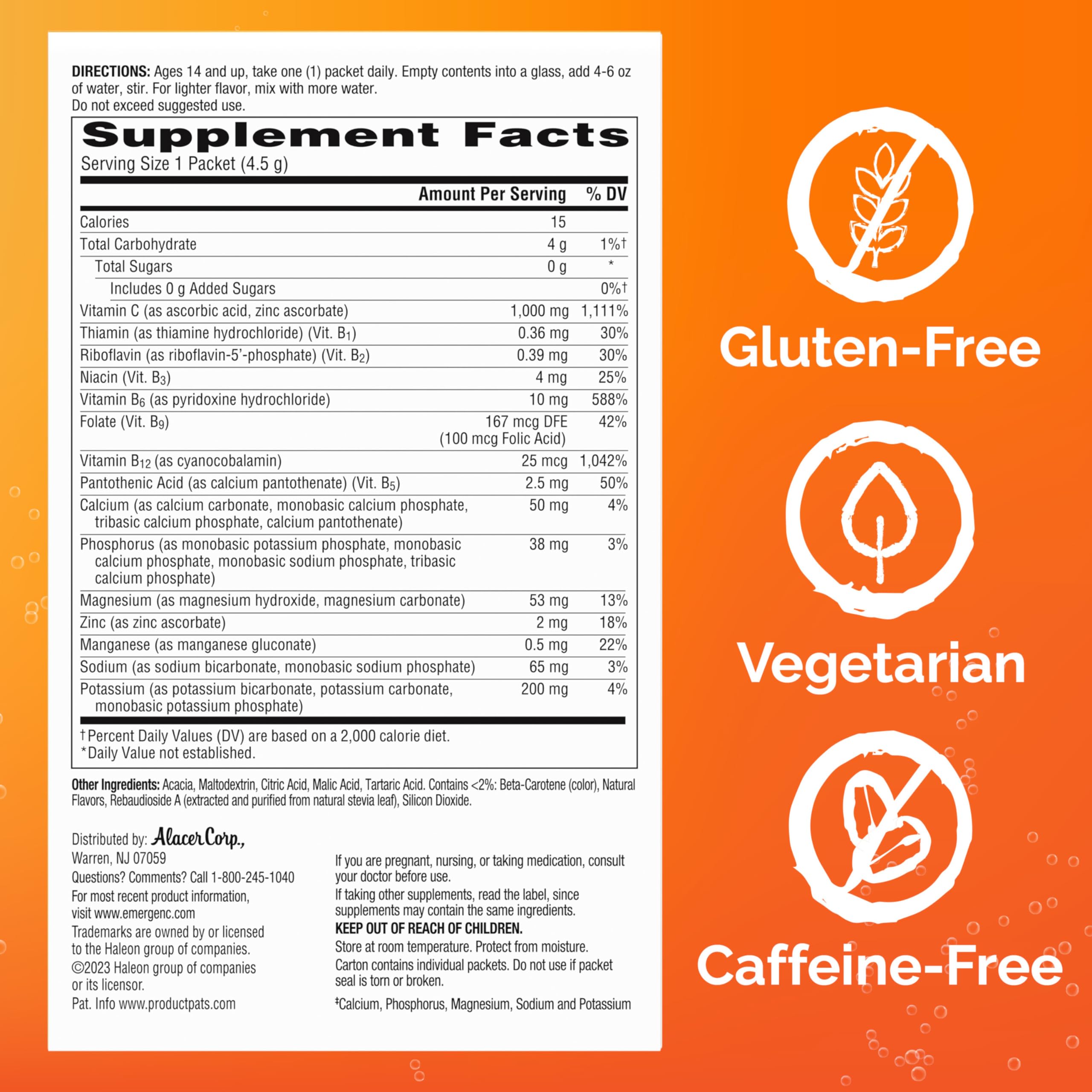 Emergen-C Zero Sugar 1000 mg Vitamin C Powder for Daily Immune Support Caffeine Free Vitamin C Supplements with Zinc and Manganese, B Vitamins and Electrolytes