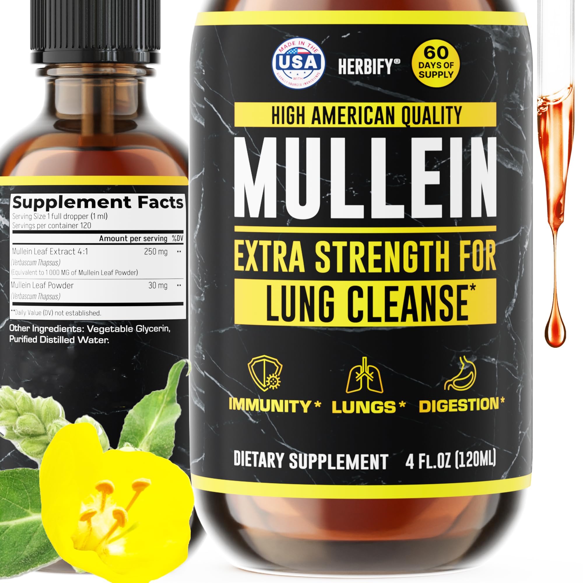 HERBIFY Mullein Drops - Lung Cleanse - Leaf Extract - Powerful Mullein for Immune Support,Detox & Respiratory Support - Made in USA