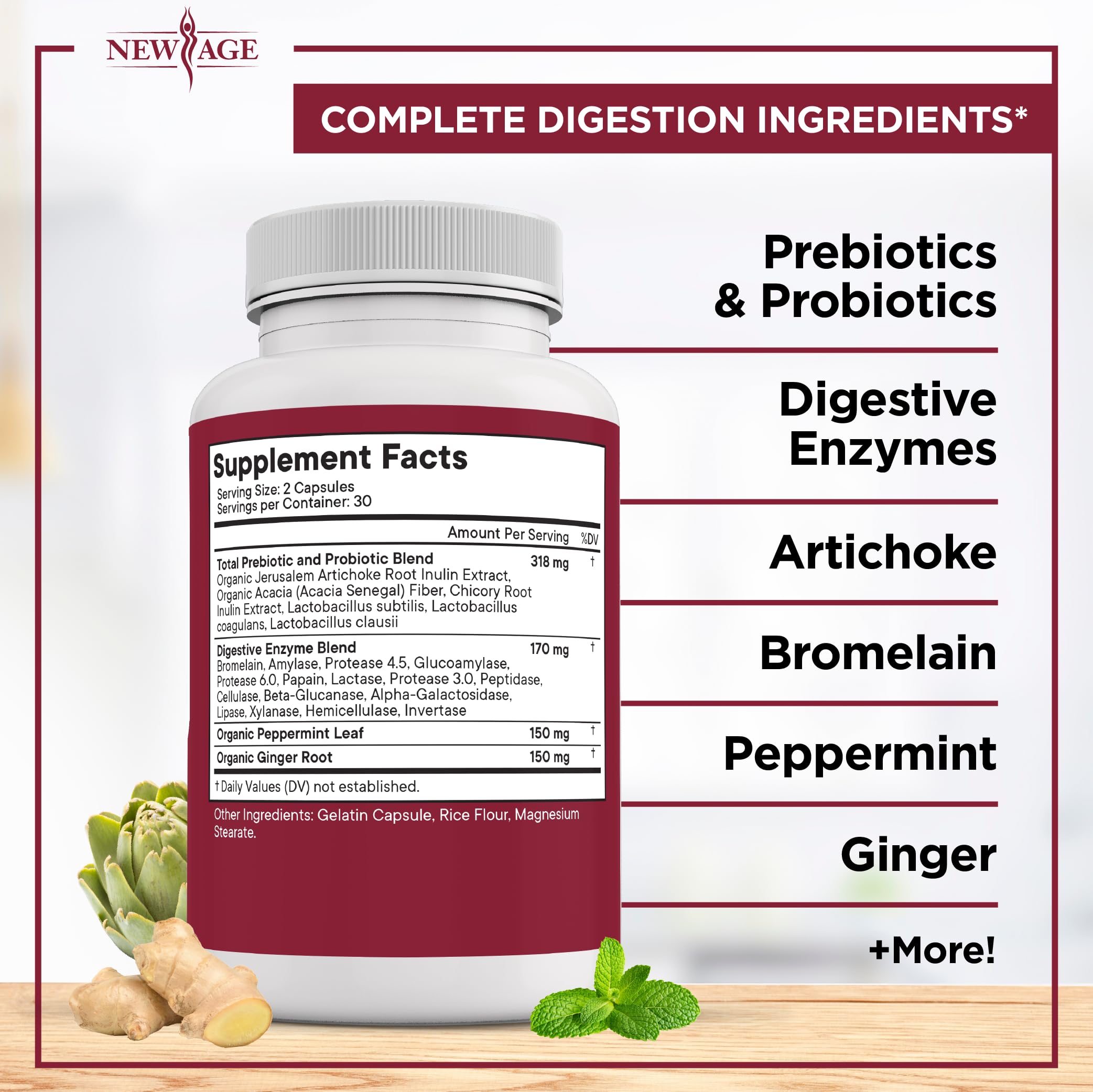 NEW AGE Digestive Enzymes for Gut Health - Probiotic Multi Enzymes with Prebiotics and Probiotics with Lipase for Women and Men for Digestive Health,