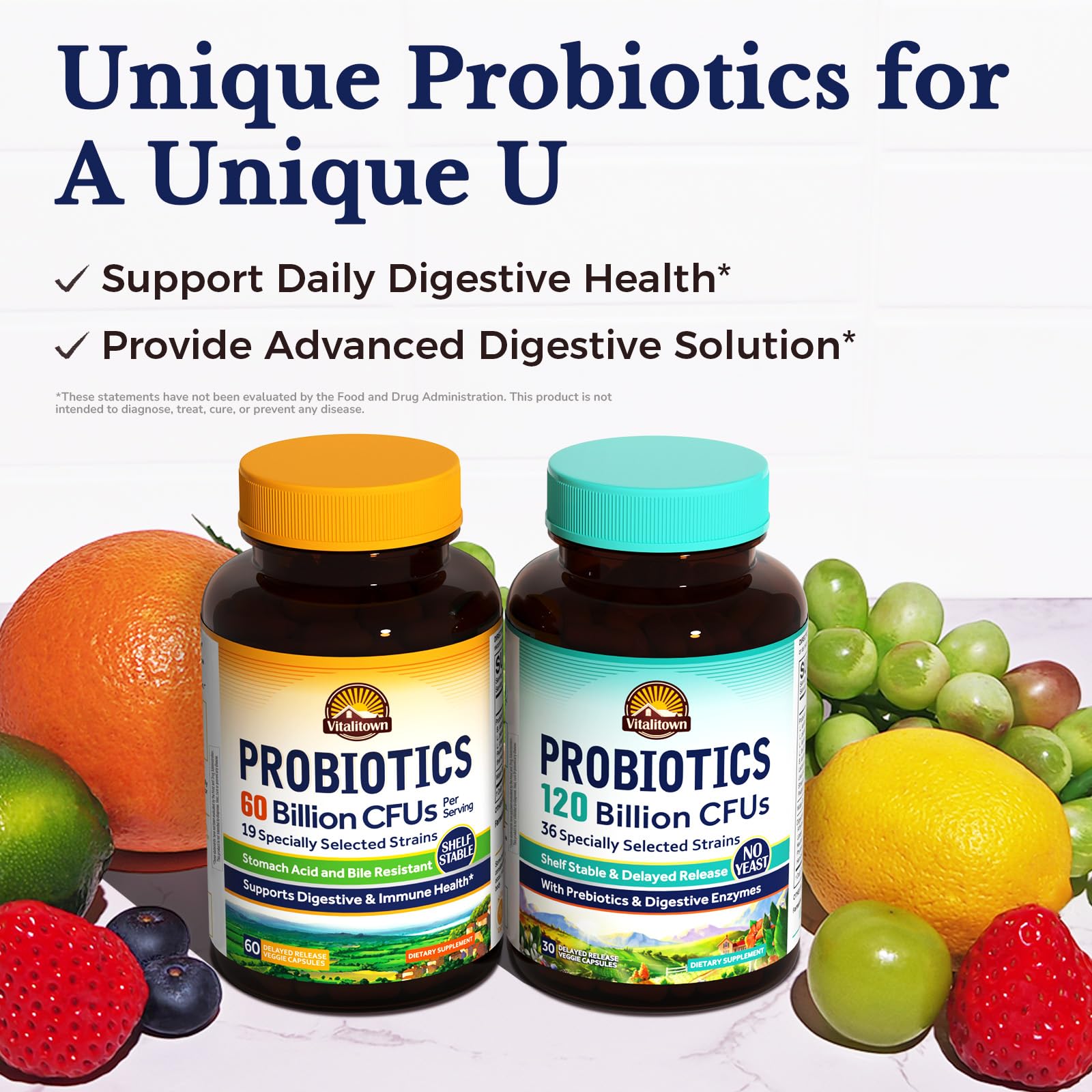 Vitalitown Probiotics + Prebiotics | 60 Billion CFUs 19 Strains | 60 Delayed Release Veg Caps | Shelf Stable, Prebiotics and Probiotics | Digestive Health