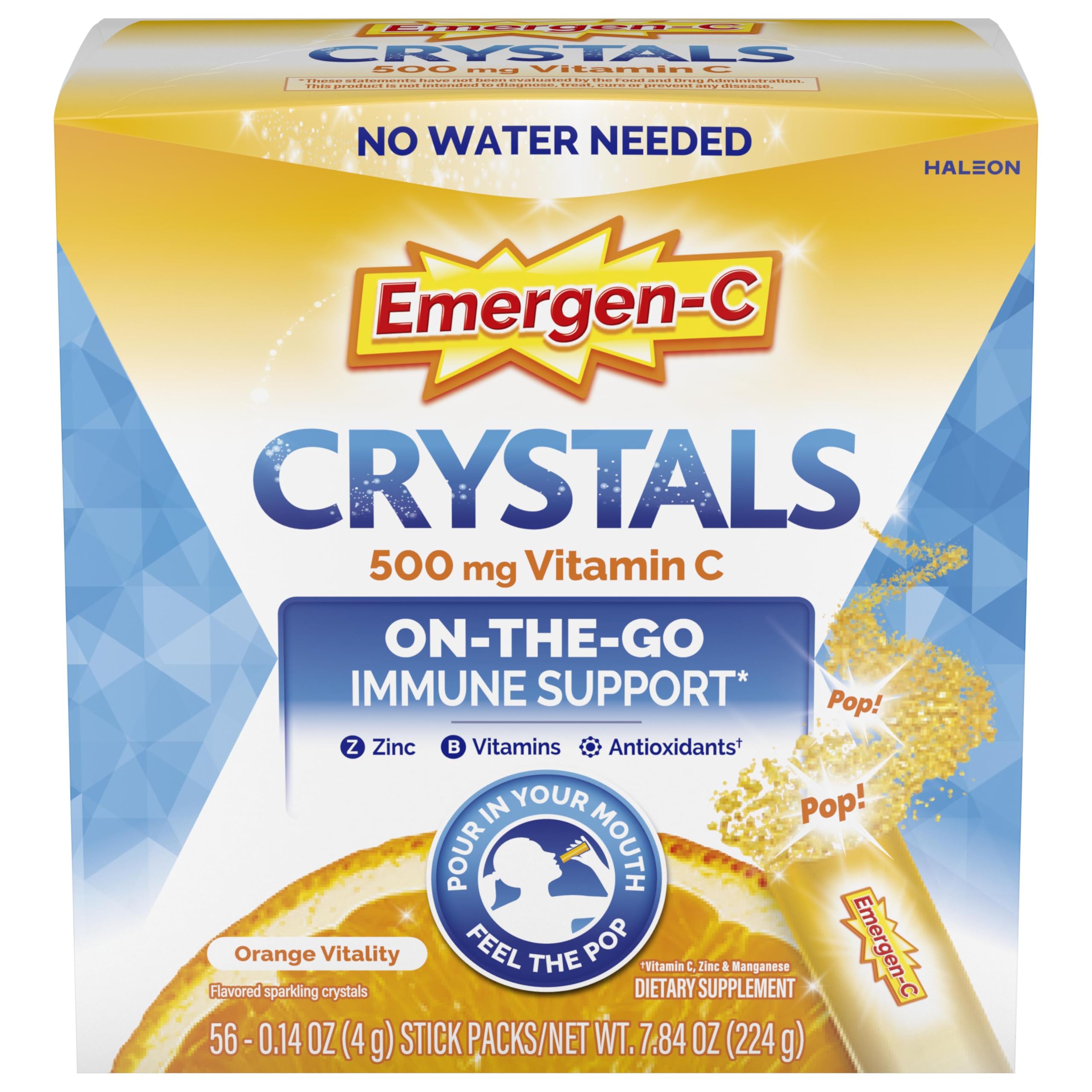 Emergen-C Crystals, On-the-Go Emergen-C Immune Support Supplement with Vitamin C, B Vitamins, Zinc and Manganese
