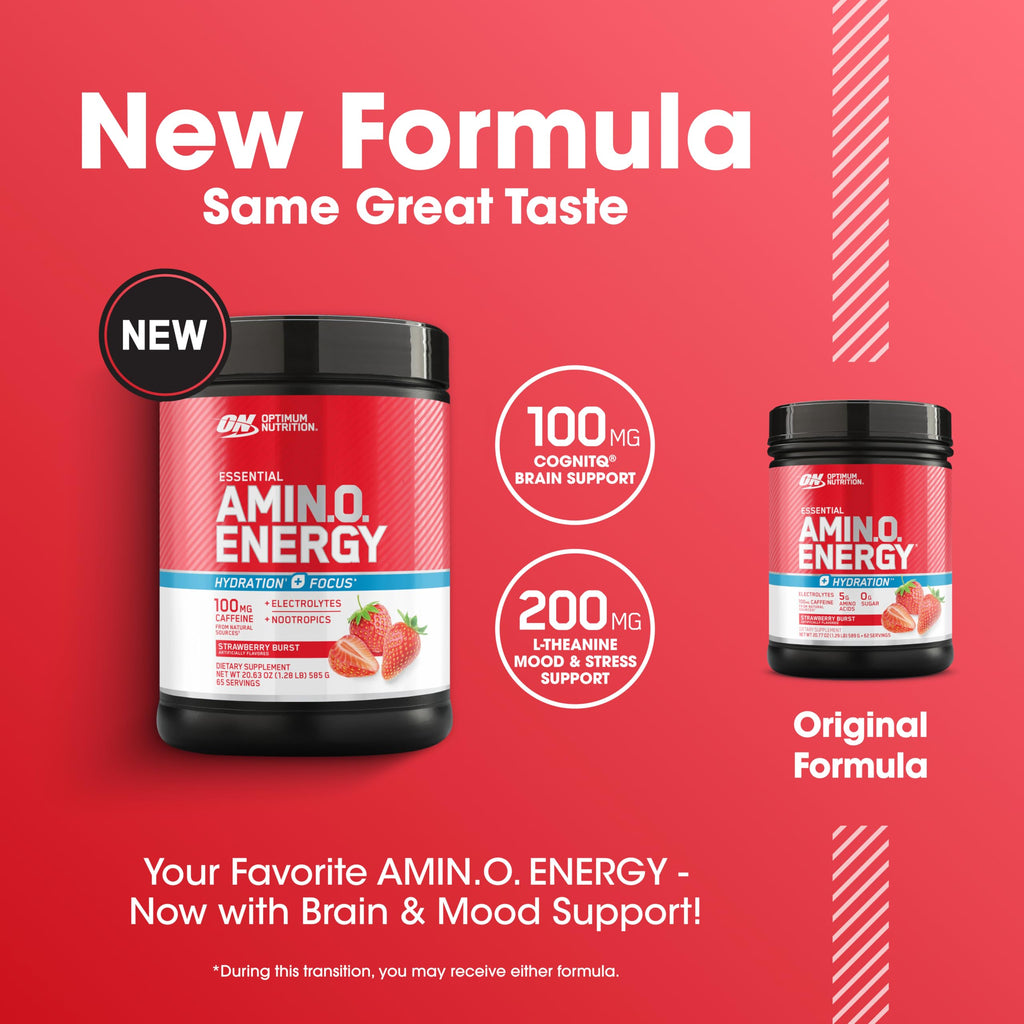 Optimum Nutrition Amino Energy Powder Plus Focus, with BCAA, Electrolytes, and Caffeine, Strawberry Burst, 65 Servings Optimum Nutrition Au supplements