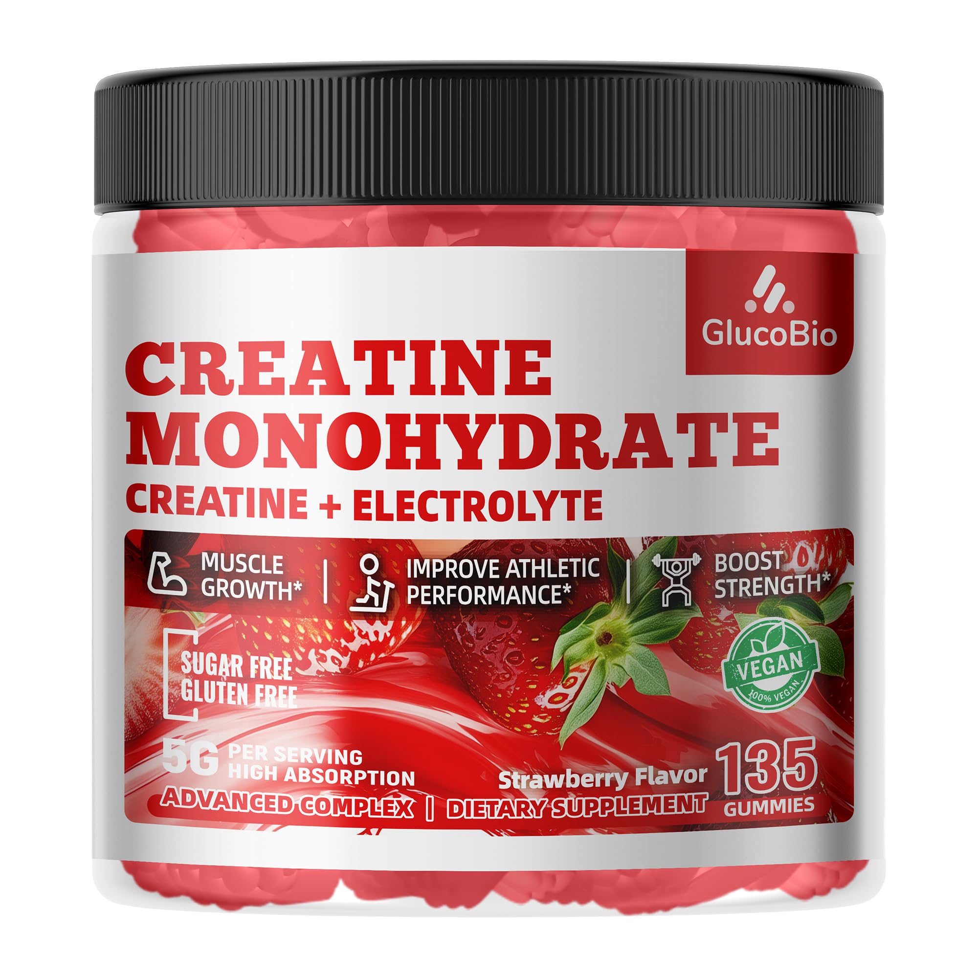 GlucoBio Creatine Monohydrate Gummies (5g) – Pre-Workout Energy & Muscle Growth Support for Men & Women