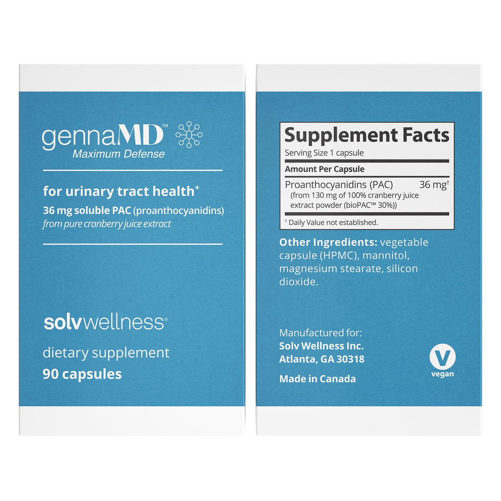 Solv Wellness GennaMD - Maximum UTI Defense - 36 mg Soluble PAC from 100% Cranberry Juice Extract - Highest PAC Concentration in a Small, Easy-to-Swallow Capsule - 90 Capsules Solv Wellness Au supplements
