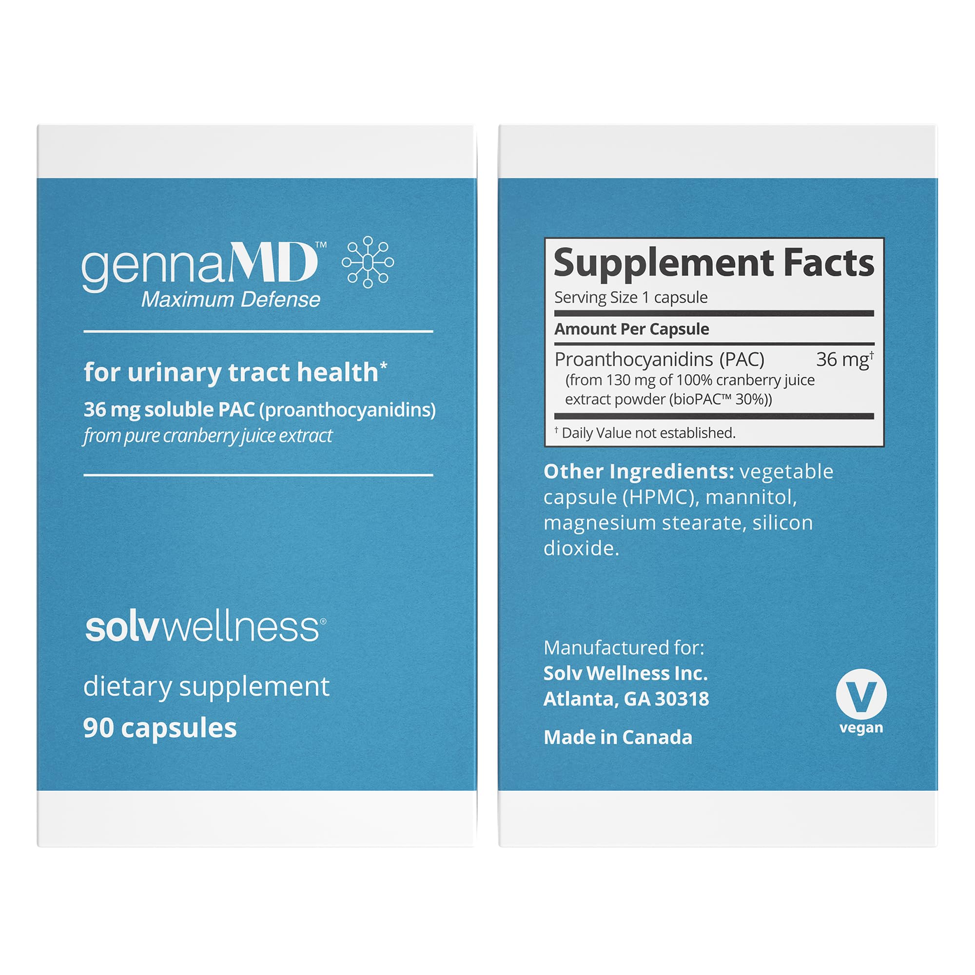 Solv Wellness GennaMD - Maximum UTI Defense - 36 mg Soluble PAC from 100% Cranberry Juice Extract - Highest PAC Concentration in a Small, Easy-to-Swallow Capsule - 90 Capsules Solv Wellness Au supplements