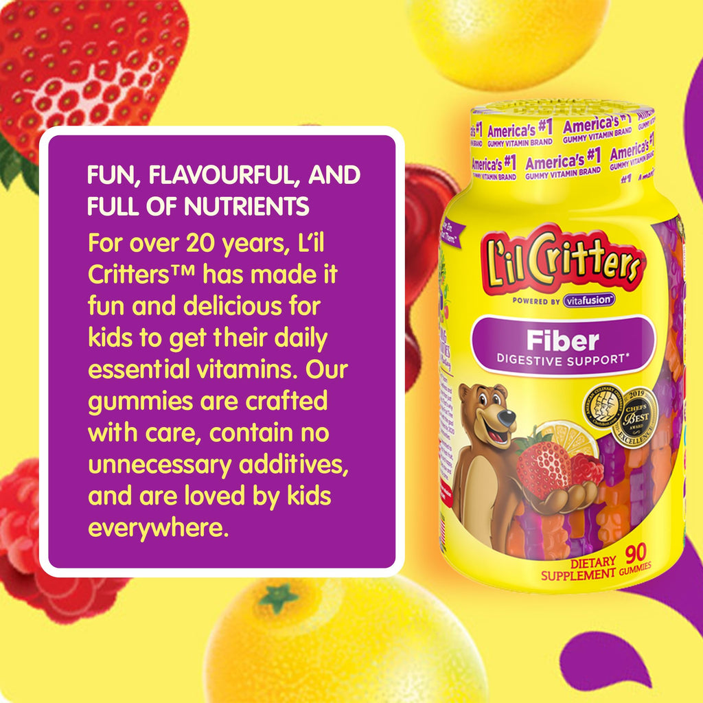 L’il Critters Fiber Daily Gummy Supplement for Kids, for Digestive Support, Berry and Lemon Flavors, 90 Gummies