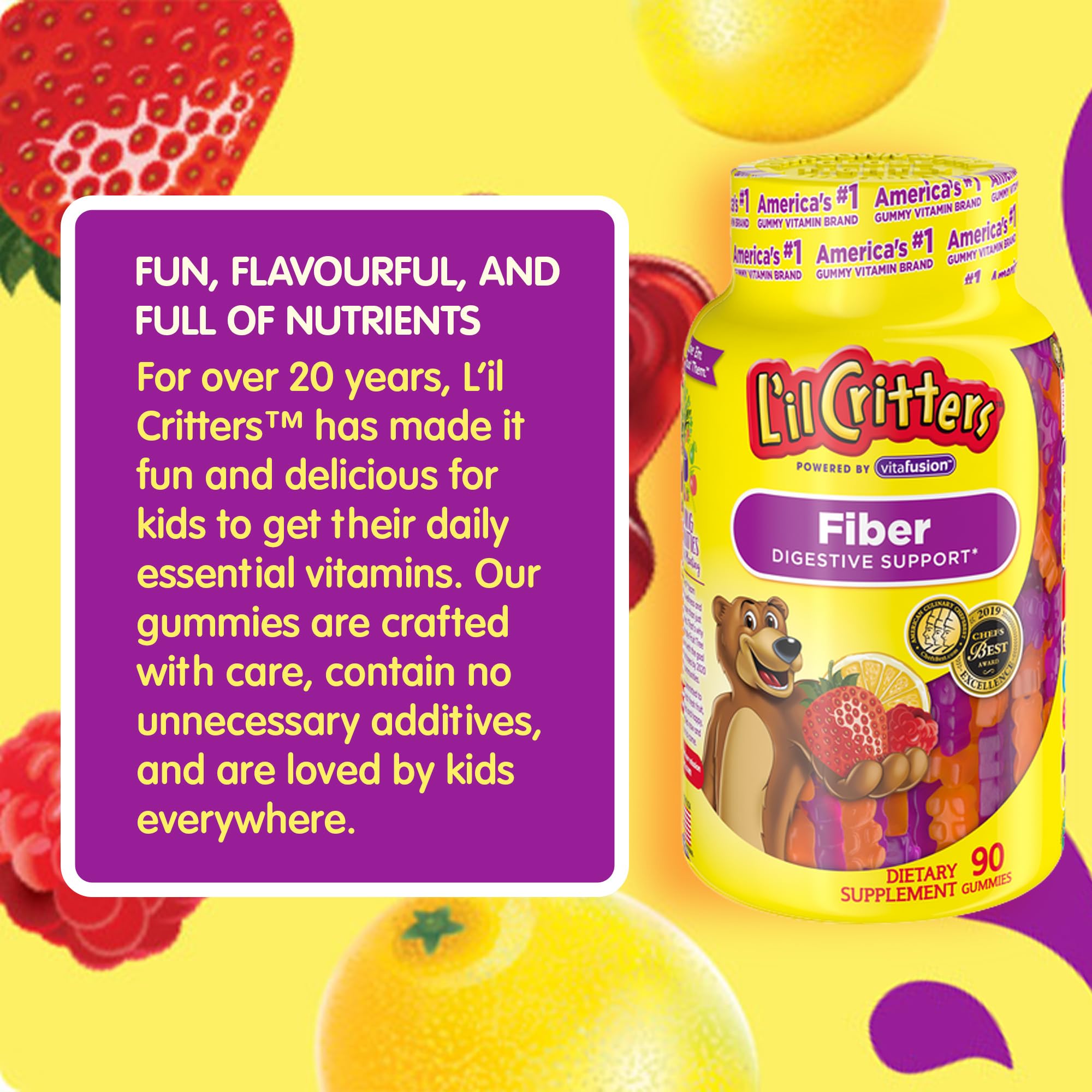 L’il Critters Fiber Daily Gummy Supplement for Kids, for Digestive Support, Berry and Lemon Flavors, 90 Gummies