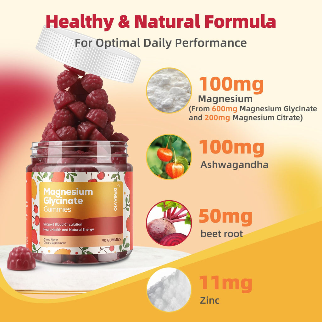 DREAVIO 90 Count Magnesium Glycinate Gummies w/Ashwagandha Supplement - Sugar Free Zinc Magnesium Glycinate