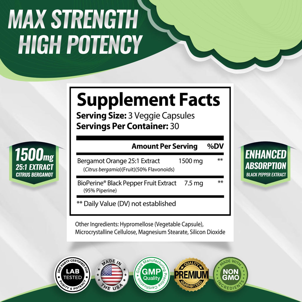 Citrus Bergamot Supplement 1500mg - 25:1 Bergamot Extract to Support Overall Health, Immune System, Potent Antioxidant High Absorption Natural