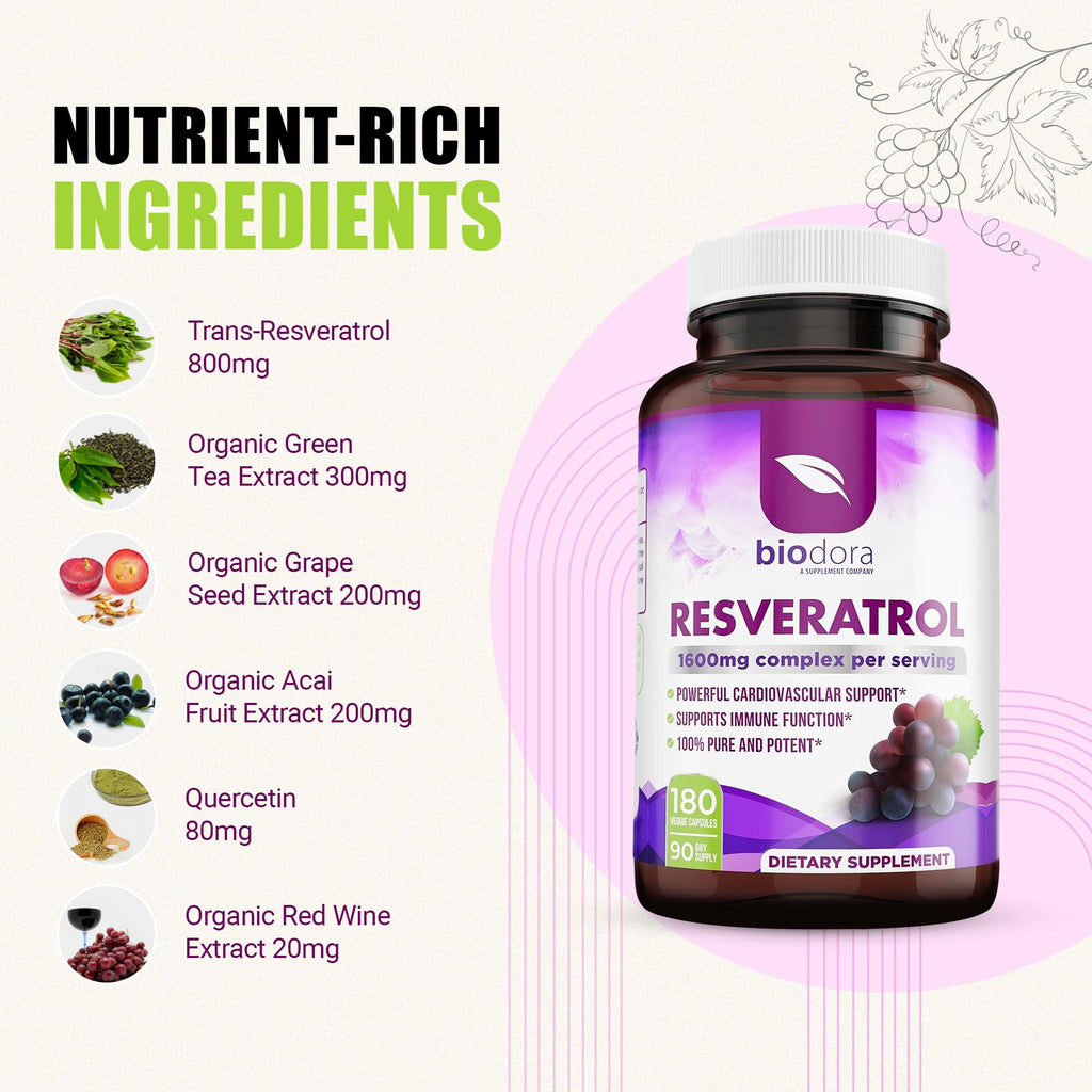 Resveratrol 1600mg - 180 Capsules | Trans-Resveratrol Antioxidant Supplement with Natural Green Tea, Grape Seed Polyphenols & Quercetin, Supports Digestive