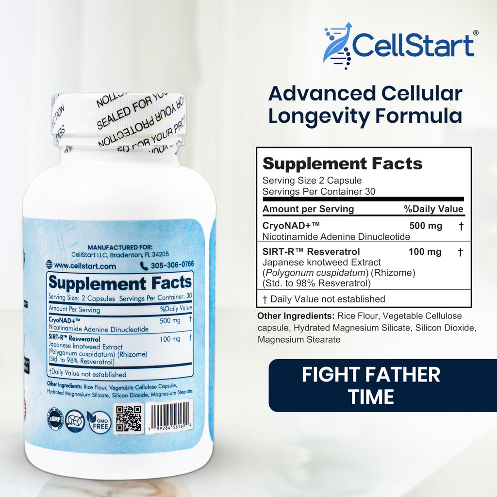 CellStart NAD+ Resveratrol Supplement 60 Capsules of 500mg | Anti Aging & Cellular Support Supplements for Women & Men - NAD Supplement Made in USA, (1-Month Supply) CellStart Au supplements
