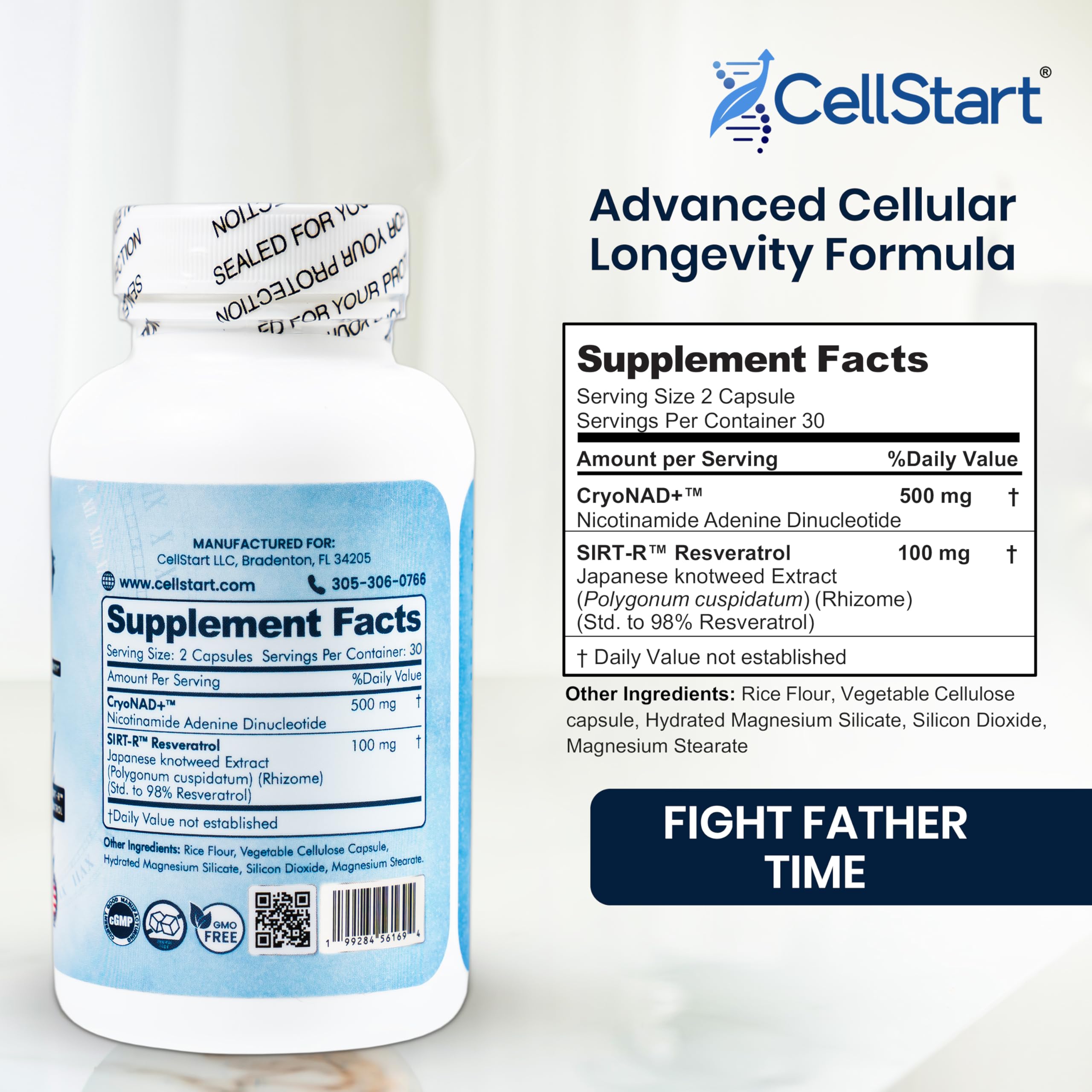 CellStart NAD+ Resveratrol Supplement 60 Capsules of 500mg | Anti Aging & Cellular Support Supplements for Women & Men - NAD Supplement Made in USA, (1-Month Supply) CellStart Au supplements