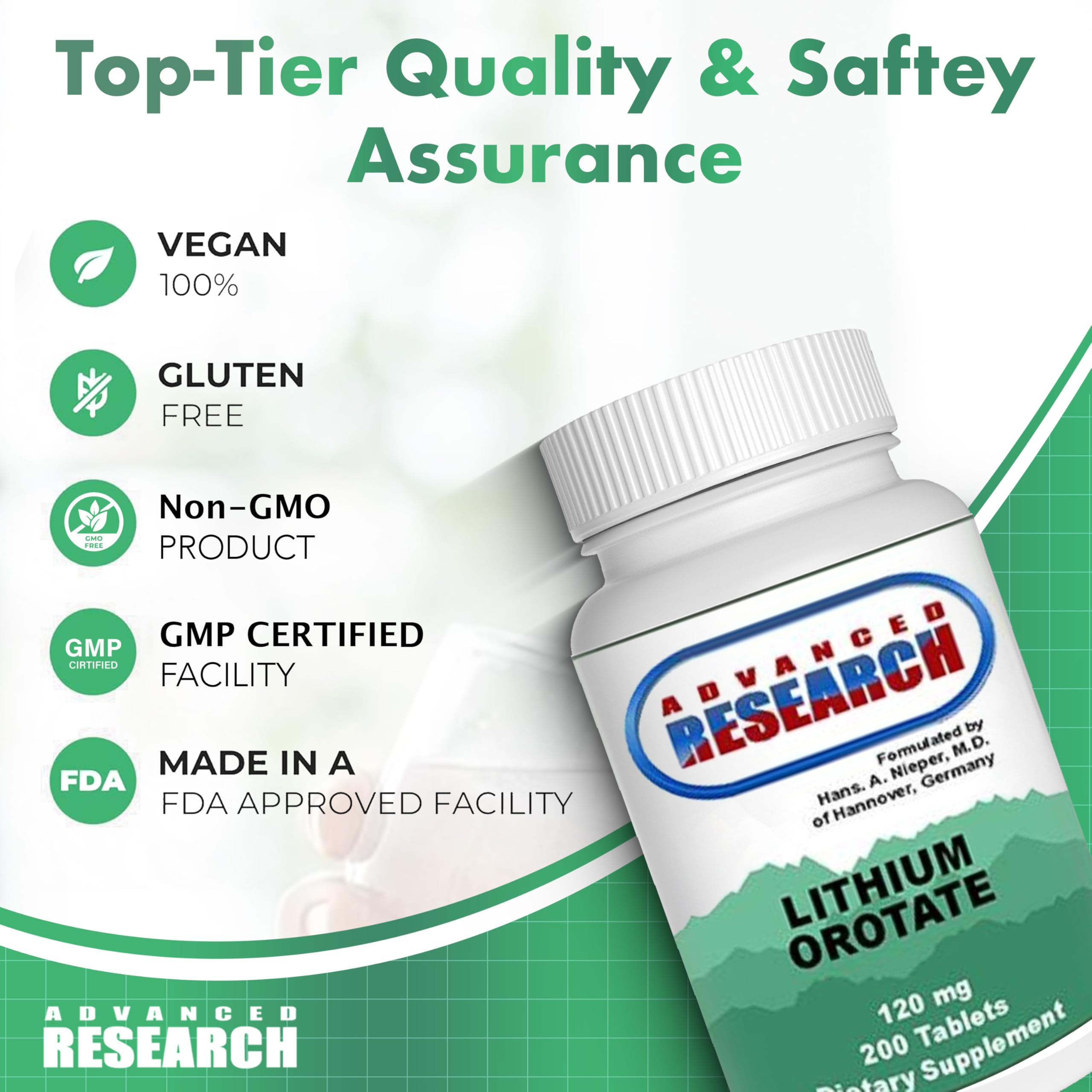 NCI Advanced Research Dr. Hans Nieper Lithium Orotate 5mg, 200 Count, Lab Tested, Non-GMO, Gluten Free, Vegan Friendly