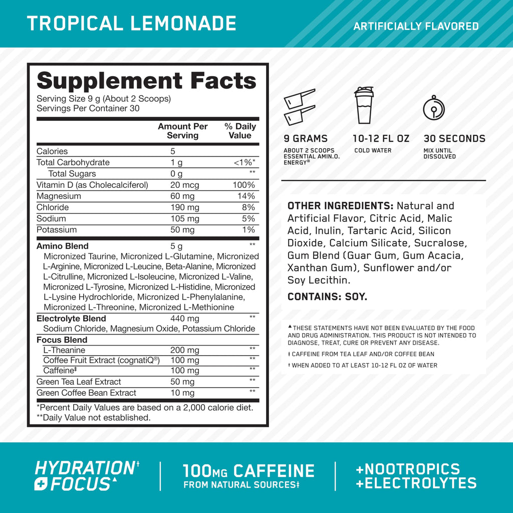 Optimum Nutrition Amino Energy Powder Plus Focus, with BCAA, Electrolytes, and Caffeine, Tropical Lemonade, 30 Servings (Packaging May Vary)