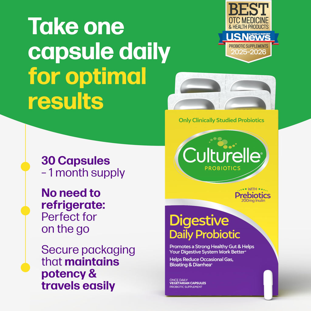 Culturelle Daily Probiotic Capsules For Men & Women, Most Clinically Studied Probiotic Strain, Digestive & Gut Health, Supports Occasional Diarrhea, Gas & Bloating, 1 Month Supply, 30 CT Culturelle Au supplements