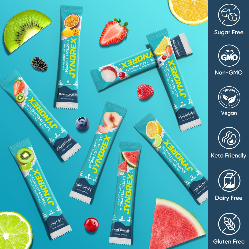 JYNOREX Electrolytes Powder Packets Sugar Free, 30 Sticks High Sodium Hydration Packets, Electrolyte Drink Mix with Lemon Lime Watermelon Peach Berry Kiwi