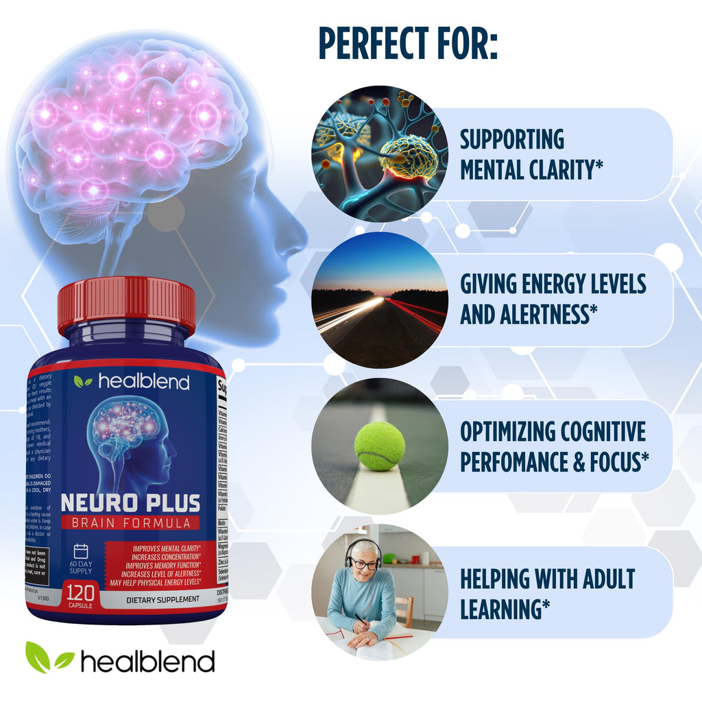 Neuro Plus Brain & Focus Formula - Nootropic Brain Booster Supplement, Supports Brain Health, Mental Clarity & Focus - Enhances Concentration & Mental Energy – 120 Capsules (1) healblend Au supplements