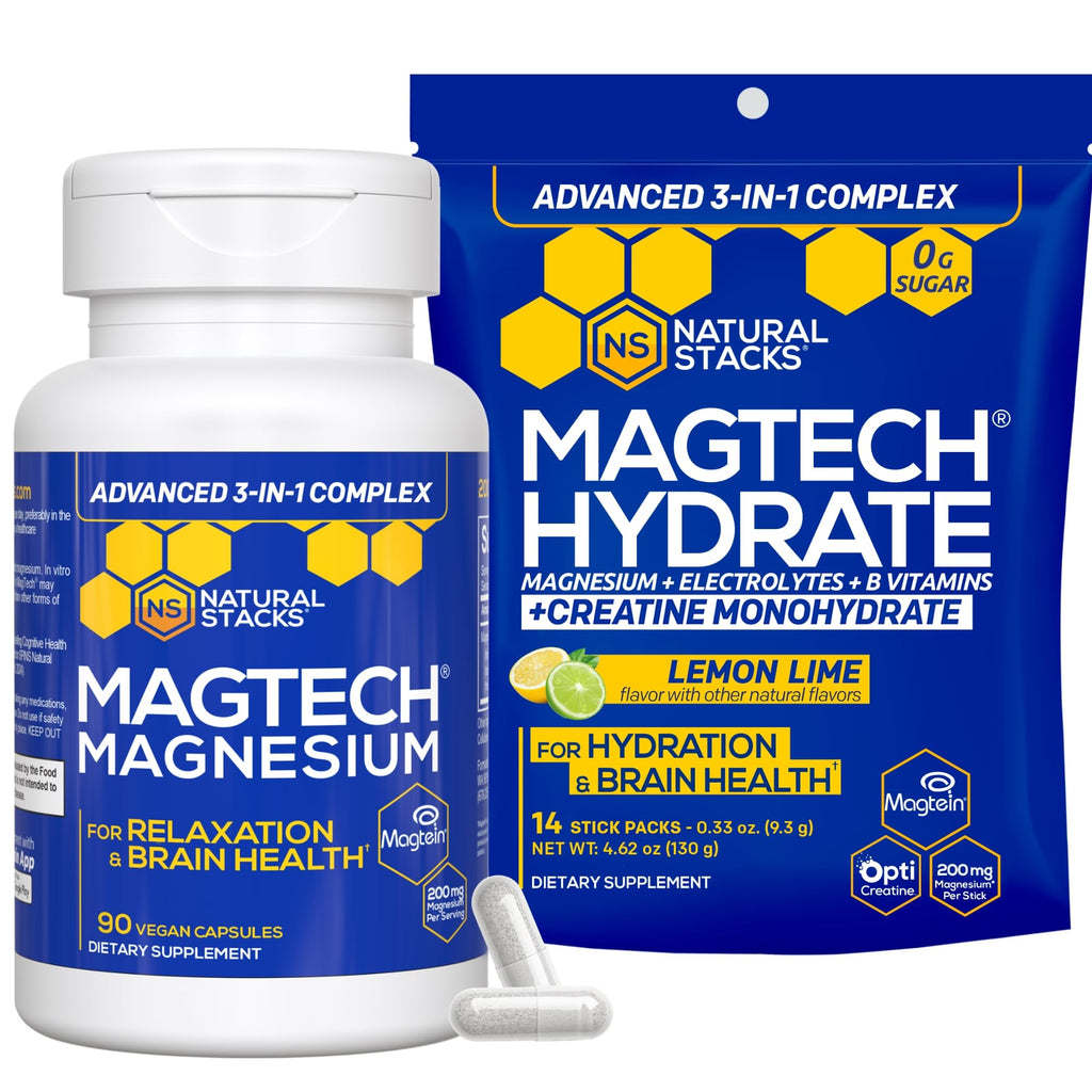 Magtech Magnesium Capsules + Hydration Creatine Powder Lemon Lime Bundle - 3 Forms of Magnesium - Featuring Magtein L-Threonate - Brain Health & Hydration Support* - 44 Total Servings NATURAL STACKS Au supplements