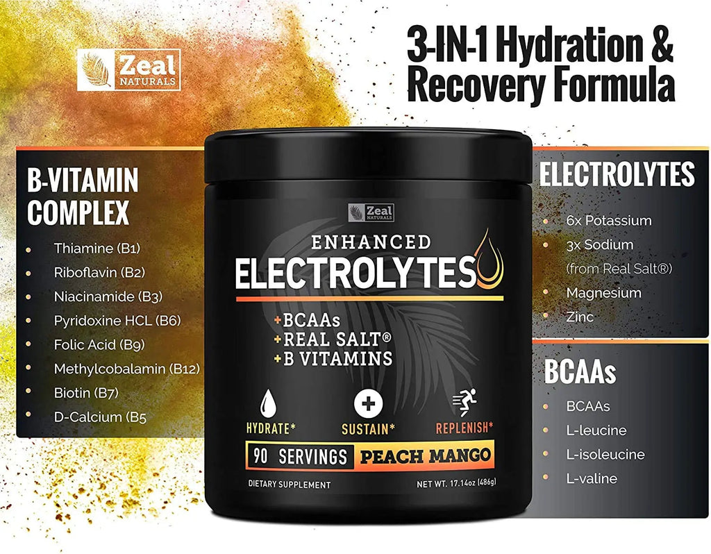 Enhanced Electrolyte Powder (Peach Mango | 90ct.) + BCAA, B-Vitamins & Real Salt Zeal Naturals Au supplements