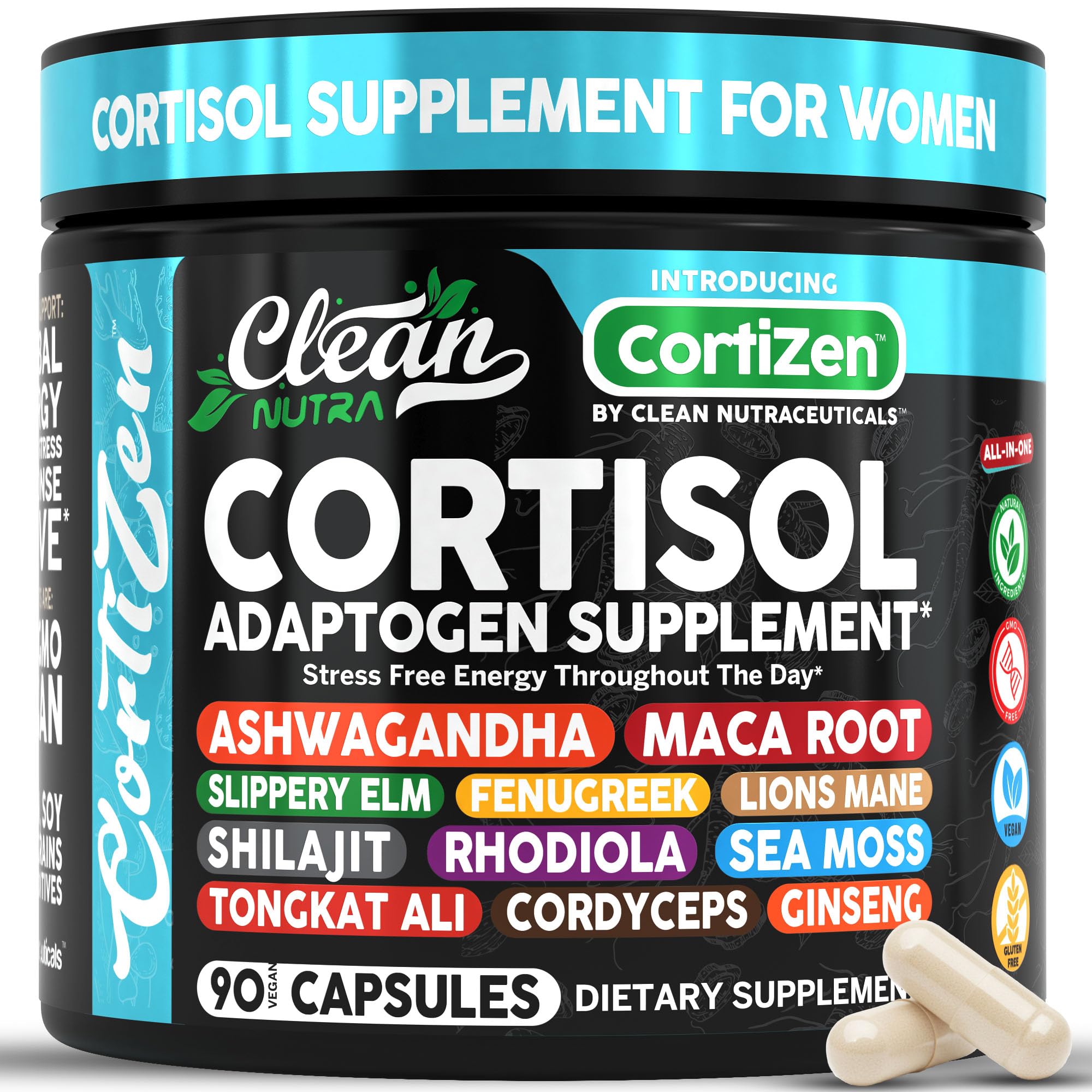 Clean Nutra Cortisol Supplements For Women | Maca Root Ashwagandha Cortisol Detox Manager Reducer + Slippery Elm Fenugreek Lions Mane Shilajit Rhodiola Sea Moss Tongkat Ali Cordyceps Ginseng Beet Root Clean Nutraceuticals Au supplements