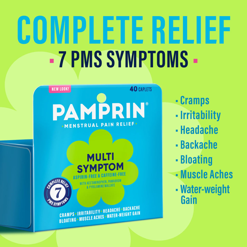 Pamprin Multi-Symptom Formula, with Acetaminophen, Menstrual Period Symptoms Relief including Cramps, Pain, Bloating, and Irritability 40 Caplets Pamprin Au supplements