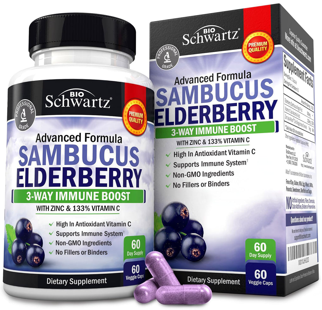 Elderberry Capsules with Zinc and Vitamin C for Adults - Immune Support Vitamins for Women and Men - Black Sambucus Elderberry Vitamin C and Zinc