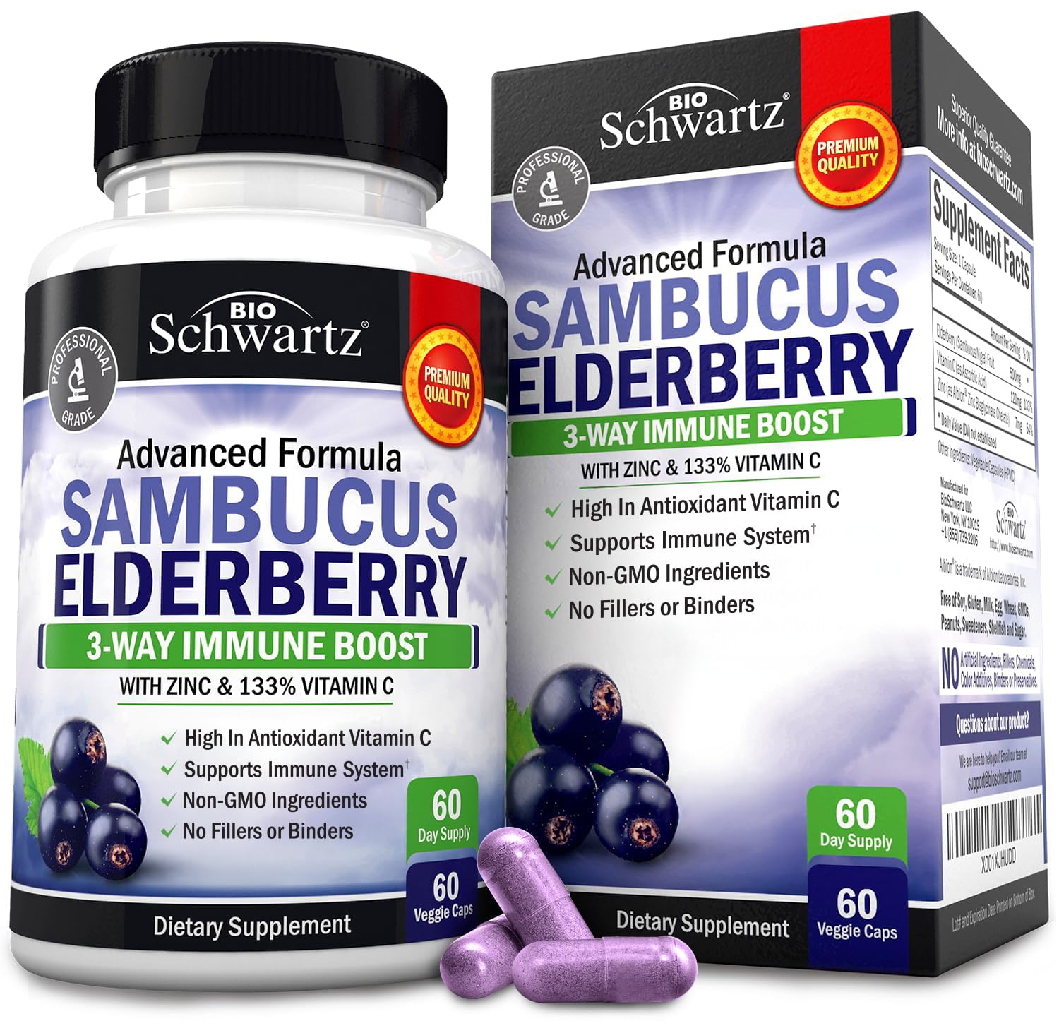 Elderberry Capsules with Zinc and Vitamin C for Adults - Immune Support Vitamins for Women and Men - Black Sambucus Elderberry Vitamin C and Zinc
