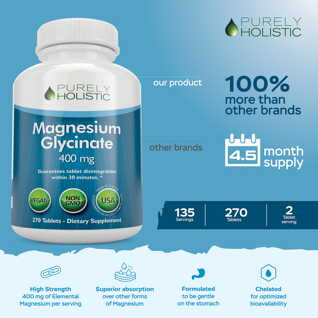 Magnesium Glycinate 400mg - 270 Magnesium Tablets (not Capsules) - 400 mg Elemental Magnesium - Highly Bioavailable - Vegan and Vegetarian - for Improved Sleep, Stress Relief & Cramp Defense Purely Holistic Au supplements