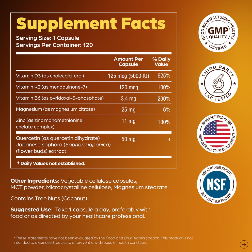 Sandhu's Vitamin D3 K2 Magnesium 5000 IU, 120mcg K2 Capsules 120 Count (Pack of 1) | with VIT B6, Zinc & Quercetin | D3K2 Supports Superior Absorption