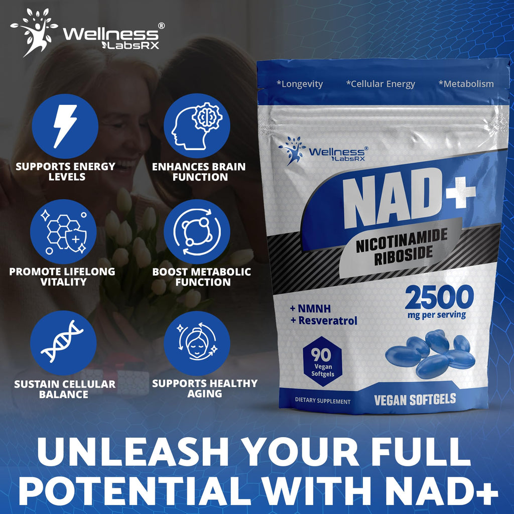 WELLNESS LABSRX NAD+ Supplement - Third-Party Tested NMNH Supplement Softgels, NAD Resveratrol 2500mg NAD Supplements for Anti-Aging, Longevity, and Cellular Health Support - Made in USA WELLNESS LABSRX Au supplements