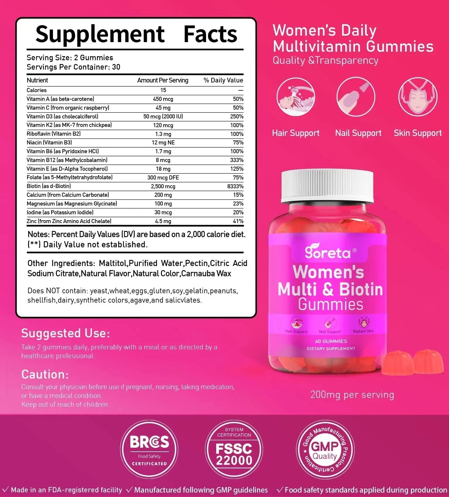 Goreta Women’s Multivitamin Gummies with Biotin 2,500 mcg – 15 Key Nutrients, Sugar-Free Mixed Berry, Pectin-Based, 60 Count Goreta Au supplements