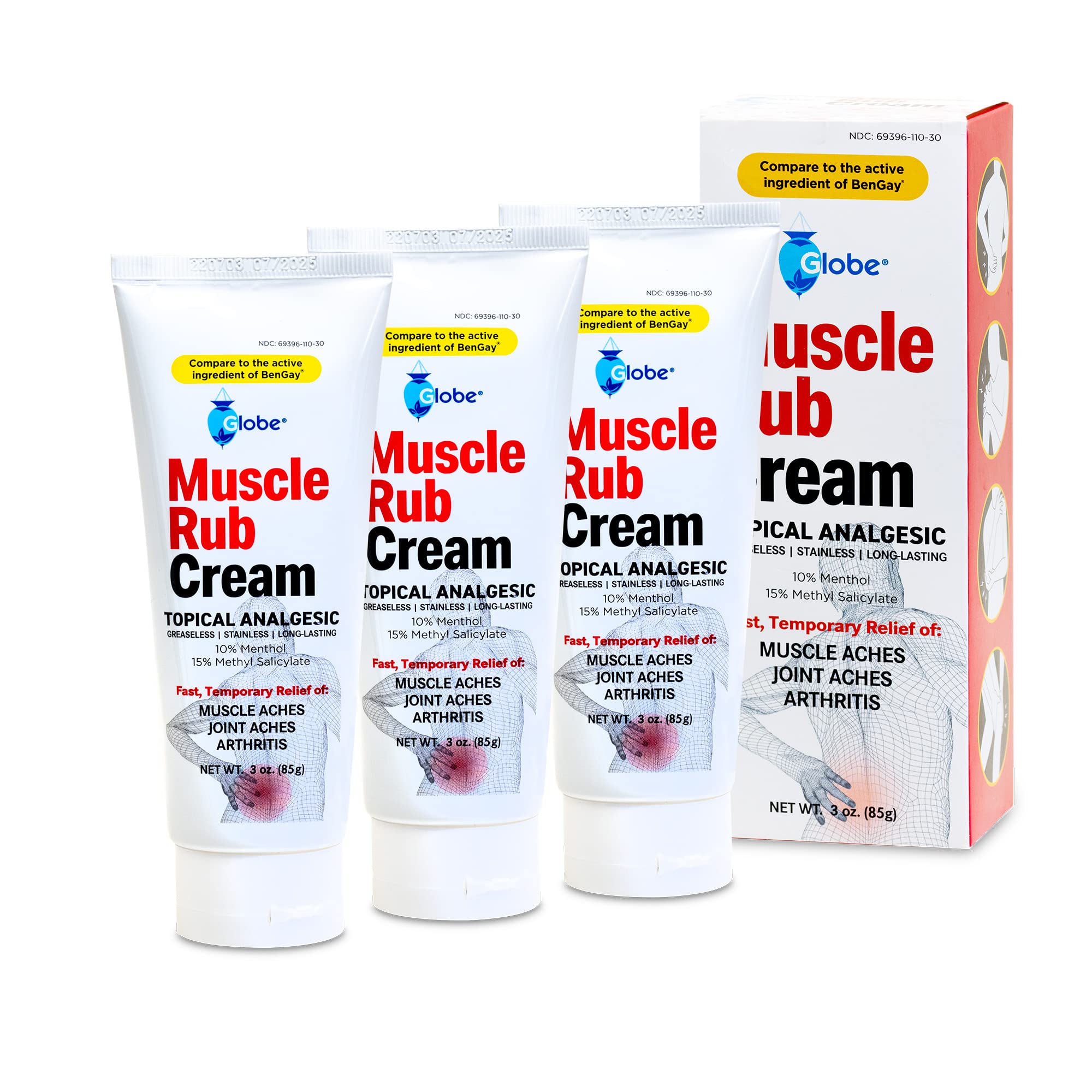 (3 Pack) Globe Ultra Strength Greaseless Muscle Rub Cream (3 oz). Compare to The Active Ingredients of Greaseless Bengay, 10% Menthol & 15% Methyl Salicylate (3 Pack) Globe Au supplements