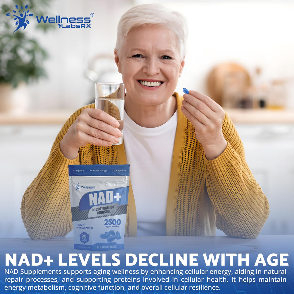 WELLNESS LABSRX NAD+ Supplement - Third-Party Tested NMNH Supplement Softgels, NAD Resveratrol 2500mg NAD Supplements for Anti-Aging, Longevity, and Cellular Health Support - Made in USA WELLNESS LABSRX Au supplements