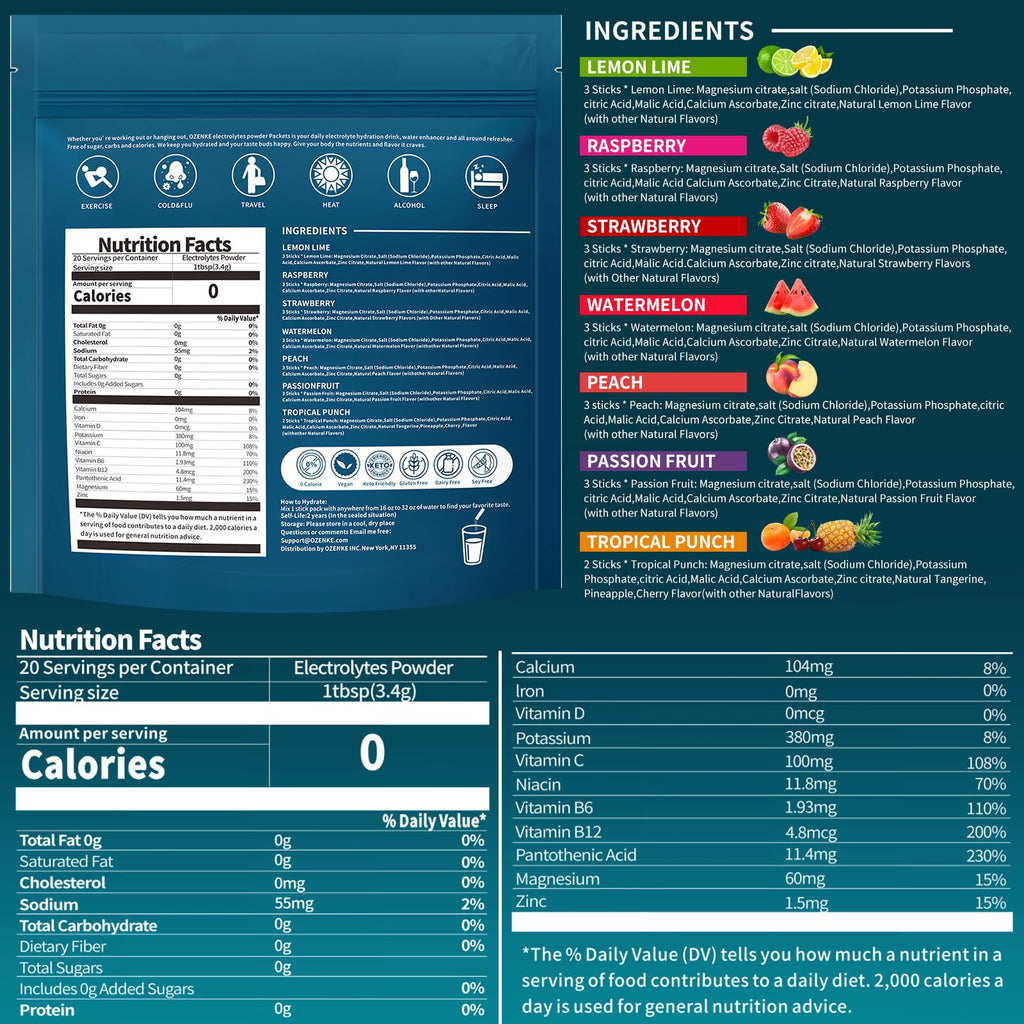OZENKE Electrolytes Powder Packets, Hydration Packets, Electrolytes Powder No Sugar, Portable Electrolyte Drink Mix for Rapid Hydration, Sugar Free & Low Sodium