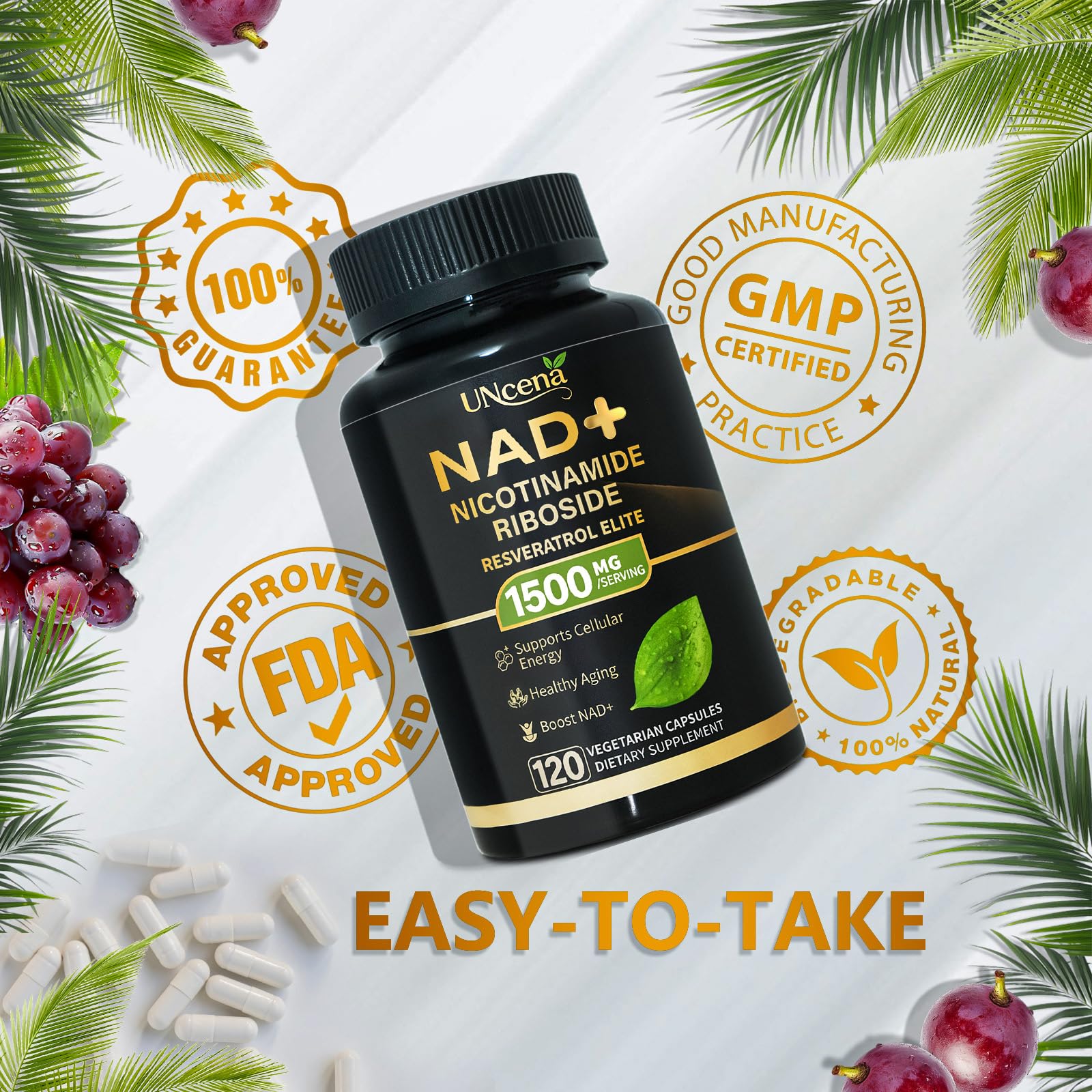 UNcena NAD Supplement 1500mg - Liposomal NAD+ Nicotinamide Riboside with Resveratrol, NAD Plus Boosting - Support Cellular Health, Stamina & Healthy Aging for Women & Men- 120 Capsules UNcena Au supplements