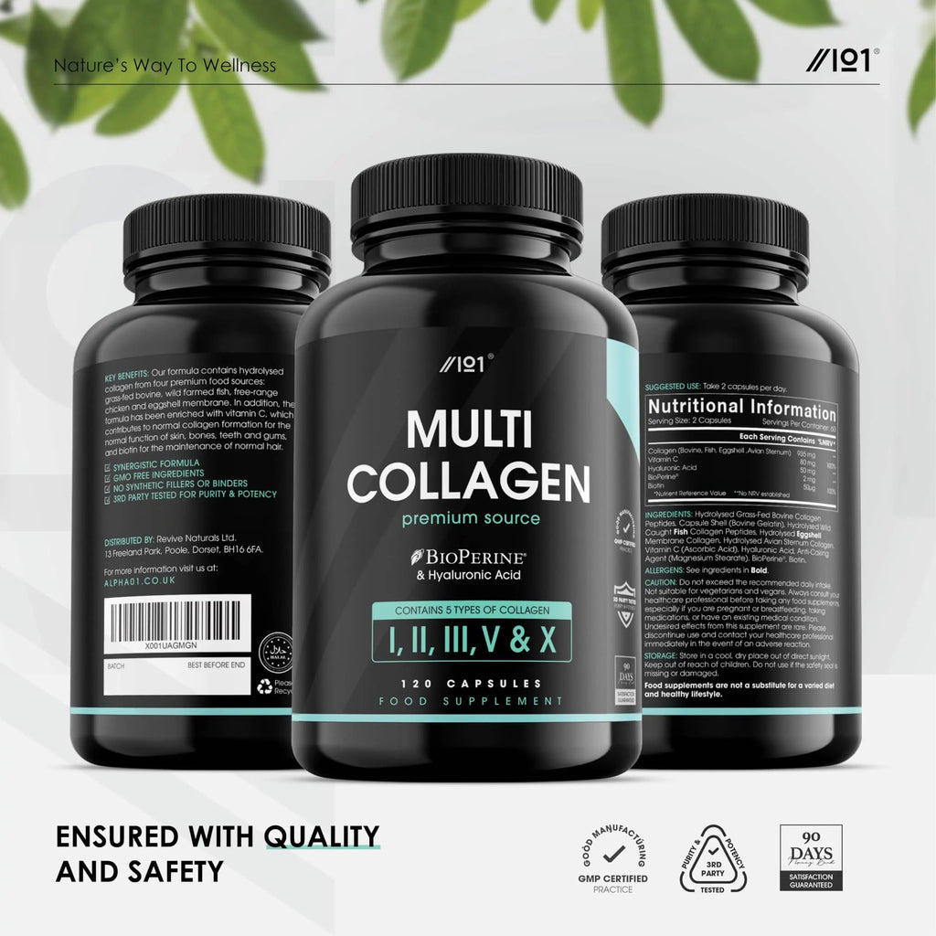 Multi Collagen Capsules - 120 Capsules - Types I, II, III, V & X - Wild Caught Fish, Grass Fed Bovine, Eggshell Revive Naturals Au supplements
