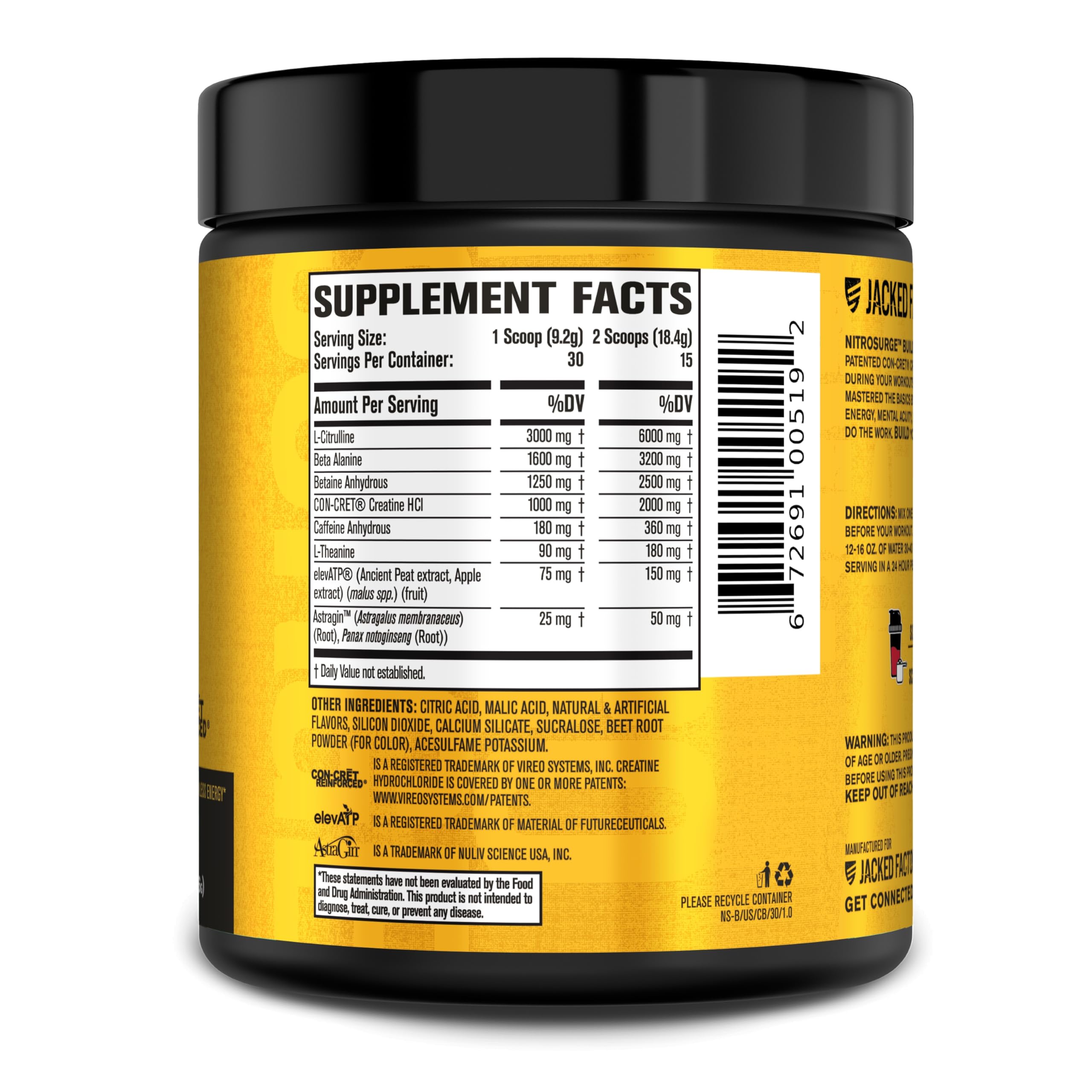 Jacked Factory Nitrosurge Build Pre Workout with Creatine for Muscle Building - Con Cret Creatine Powder & elevATP for Intense Energy, Powerful Pump