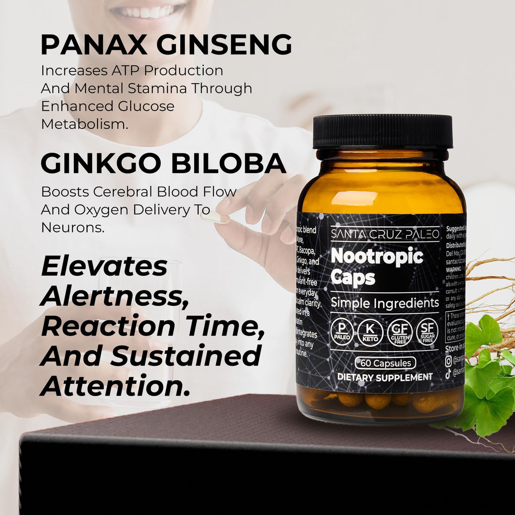 Santa Cruz Paleo Nootropic Capsules – Lions Mane, Alpha GPC, Panax Ginseng & Ginkgo Biloba for Focus, Memory, Mental Clarity & Energy – Keto, Paleo, Gluten Free Brain Supplement, 60 Caps Santa Cruz Paleo Au supplements