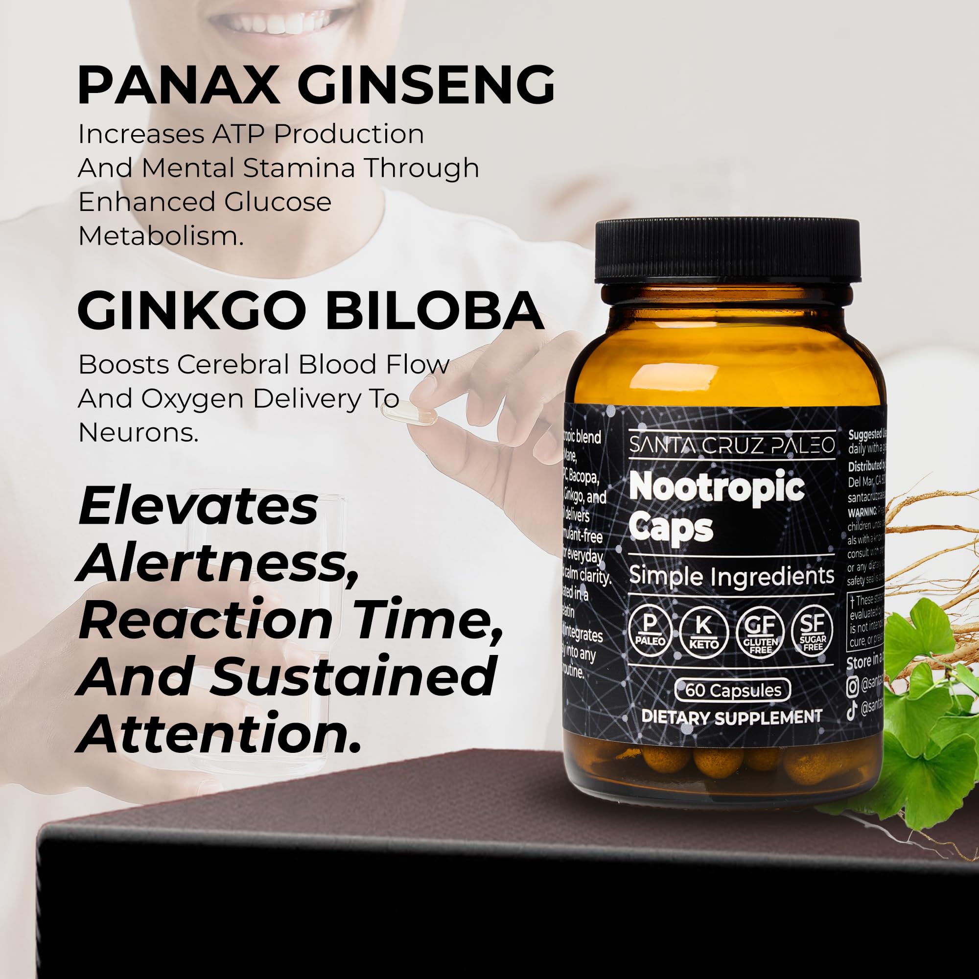 Santa Cruz Paleo Nootropic Capsules – Lions Mane, Alpha GPC, Panax Ginseng & Ginkgo Biloba for Focus, Memory, Mental Clarity & Energy – Keto, Paleo, Gluten Free Brain Supplement, 60 Caps Santa Cruz Paleo Au supplements