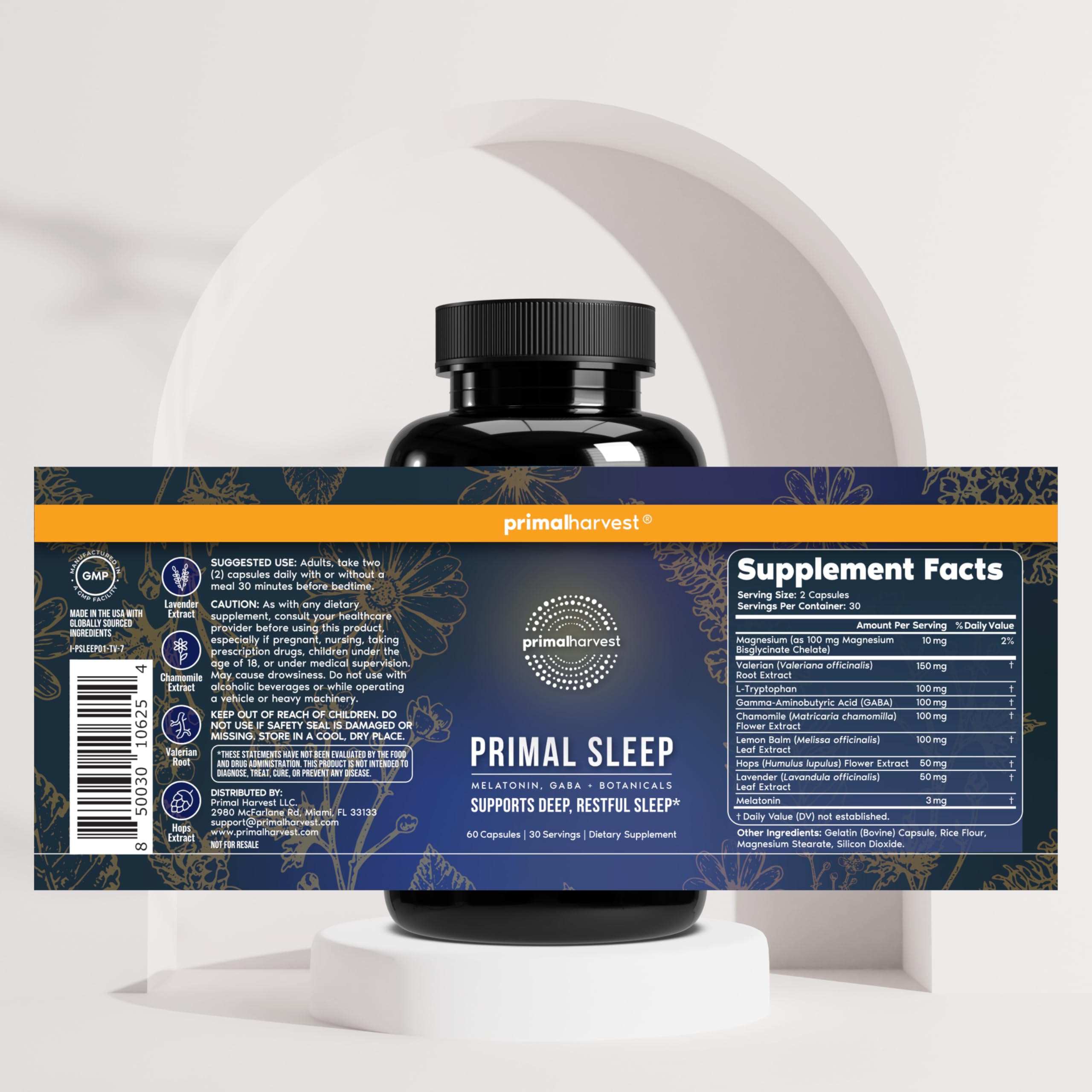 Primal Harvest Primal Sleep Support Supplement for Adults with Melatonin, GABA, Valerian Root, L-Tryptophan, Magnesium Bisglycinate Chelate