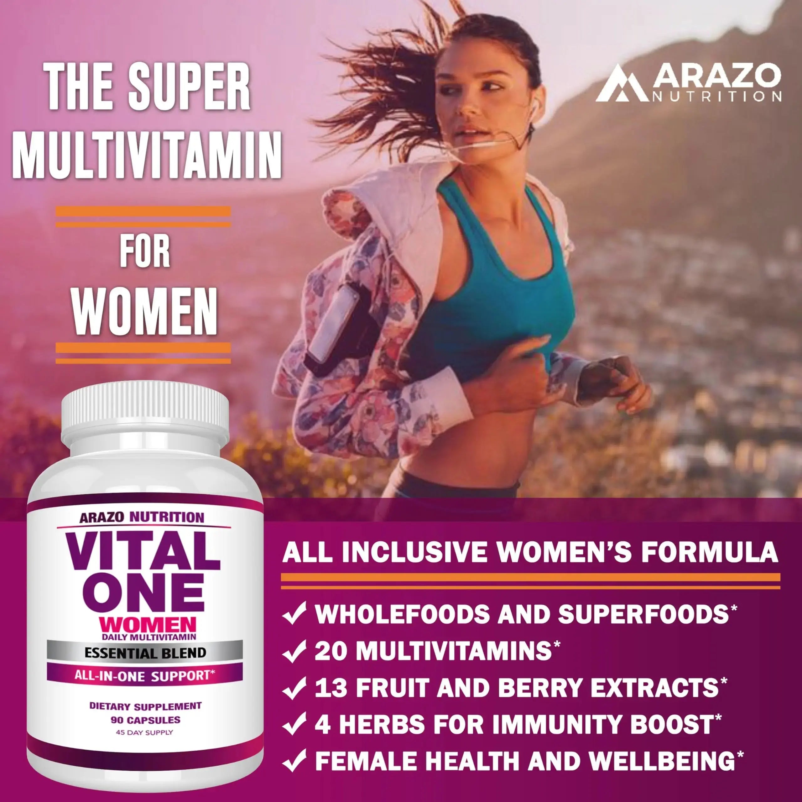Arazo Nutrition Vital One Multivitamin for Women - Daily Wholefood Supplement - 90 Vegan Capsules Arazo Nutrition Au supplements