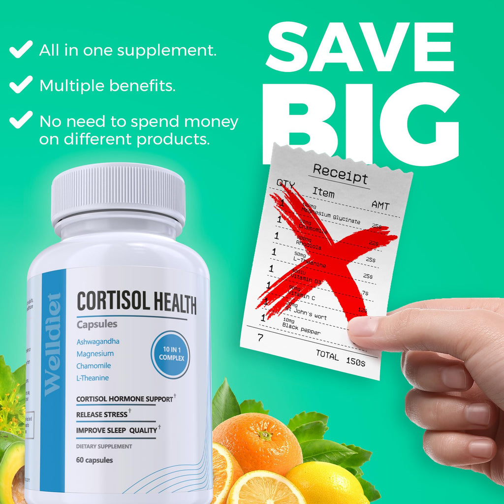 10-in-1 Cortisol Supplements with Magnesium, Ashwagandha, Chamomile, L-Theanine, St. John's Wort, Rhodiola, 60 Capsules, Cortisol Supplements For Women -& Men, Cortisol Reducer, High cortisol Welldiet Au supplements