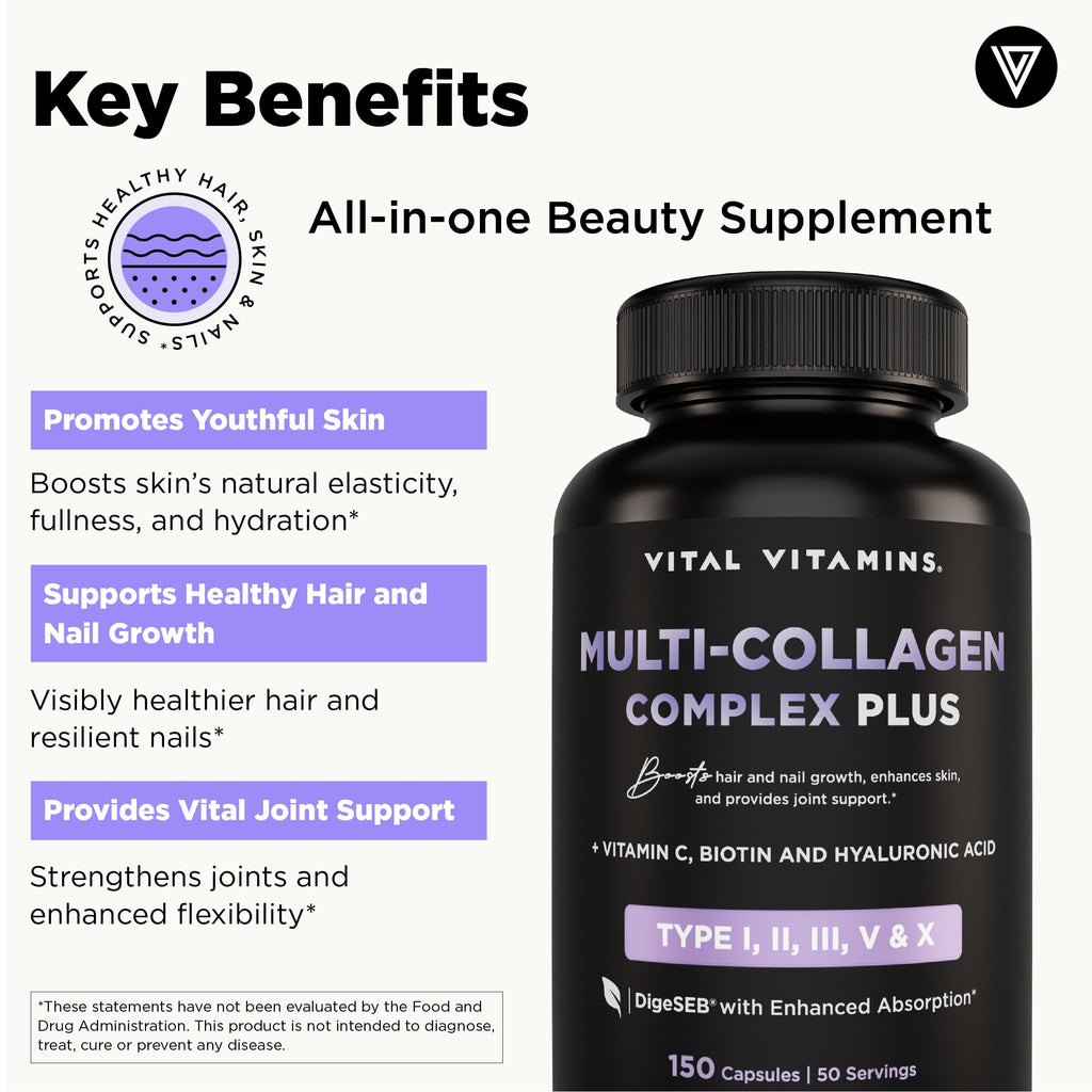 Vital Vitamins Multi Collagen Complex Plus - with Biotin, Hyaluronic Acid, Vitamin C - Type I, II, III, V, X - for Women & Men - Hair, Skin