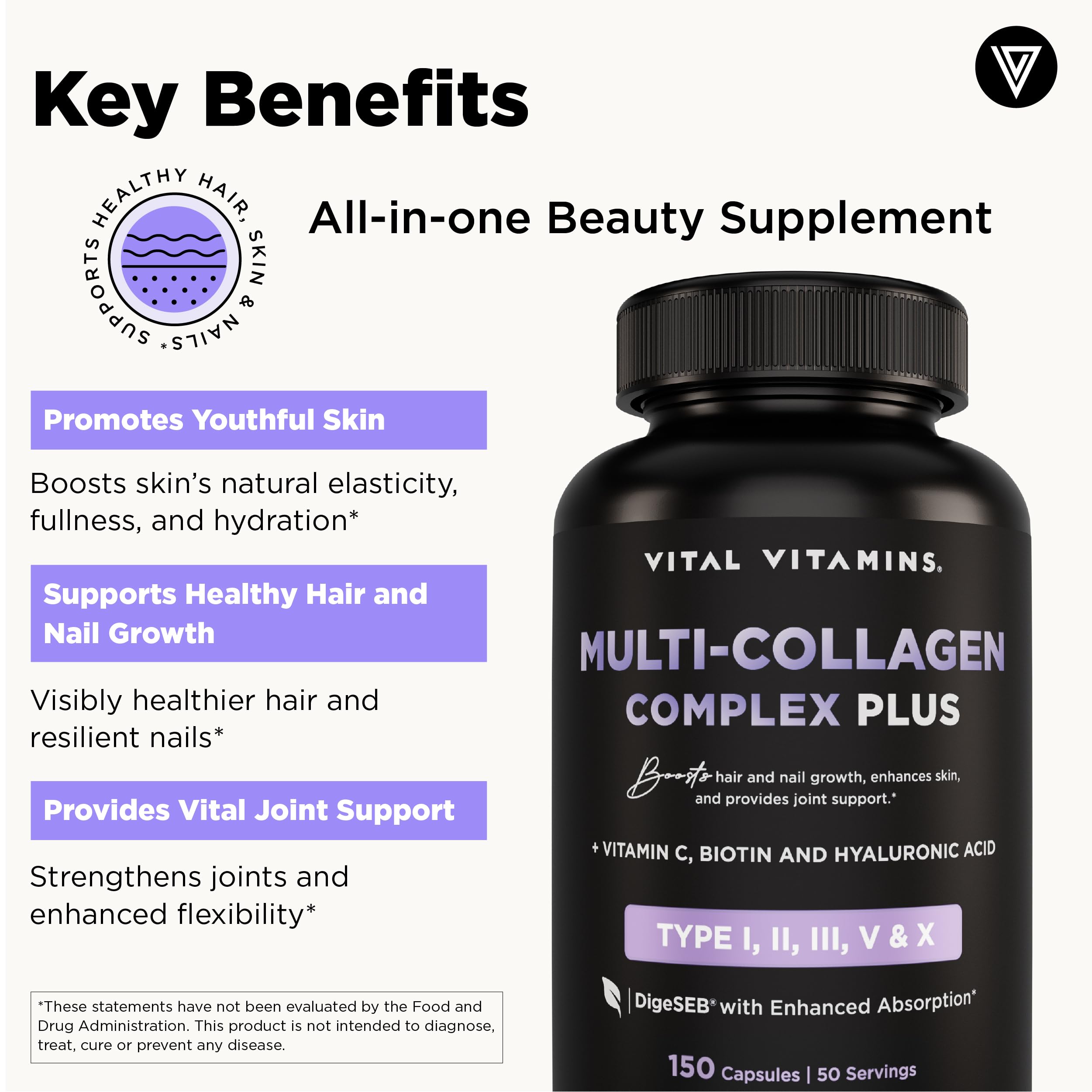 Vital Vitamins Multi Collagen Complex Plus - with Biotin, Hyaluronic Acid, Vitamin C - Type I, II, III, V, X - for Women & Men - Hair, Skin
