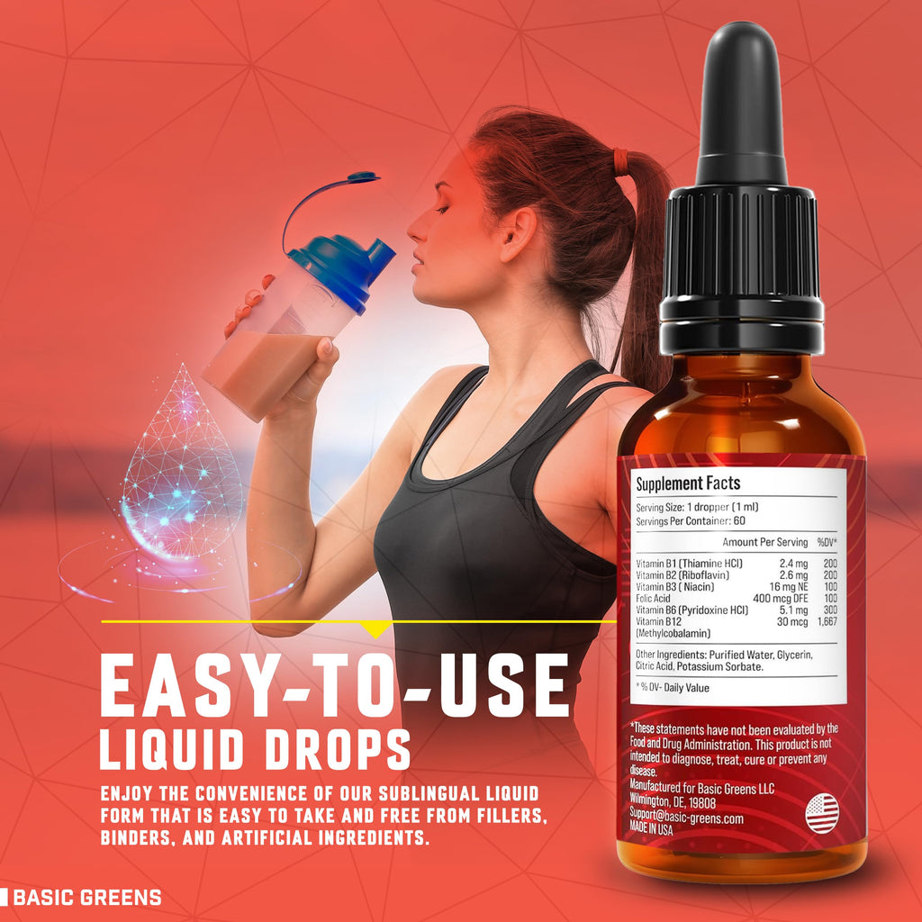 BASIC GREENS Vitamin B Complex Liquid Drops - Strength Sublingual Formula, Maximizes Absorption & Boosts Energy - B1, B2, B3, B5, B6, B7, B9, B12 - Natural Vegan Supplement